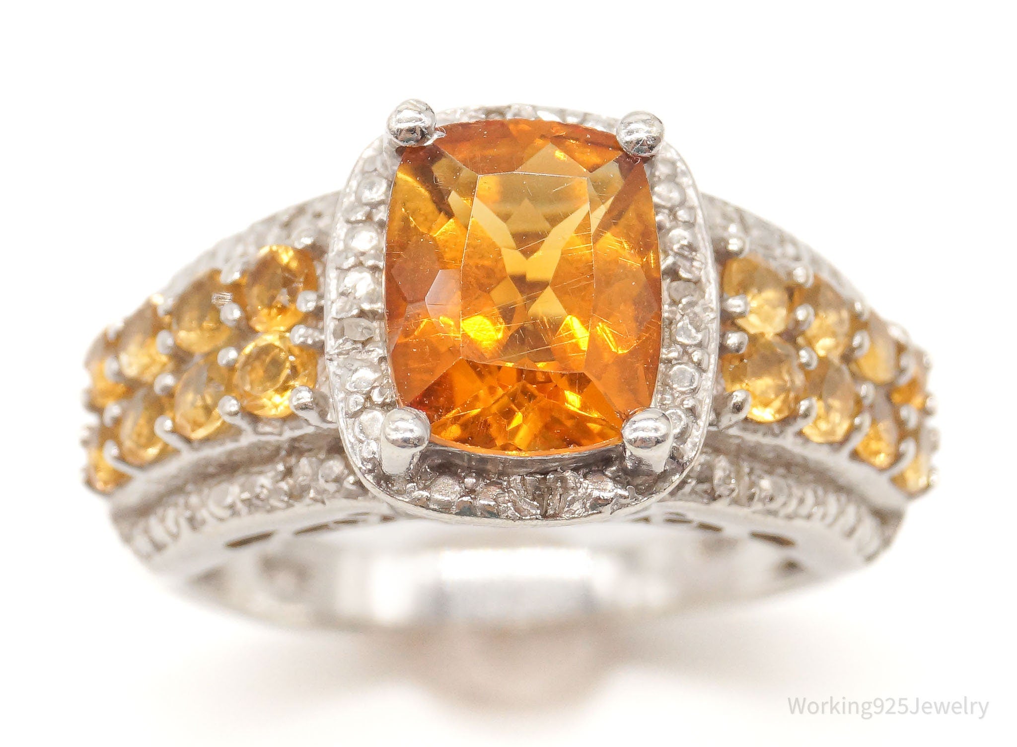 Vintage Citrine Five Diamonds Sterling Silver Ring - Size 6.75