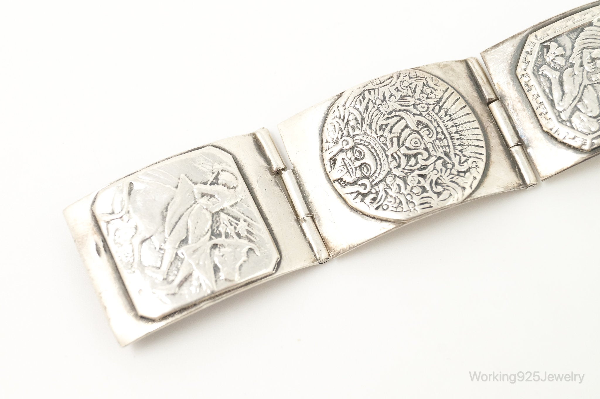 Vintage Mexico Aztec Pictures Sterling Silver Panel Bracelet