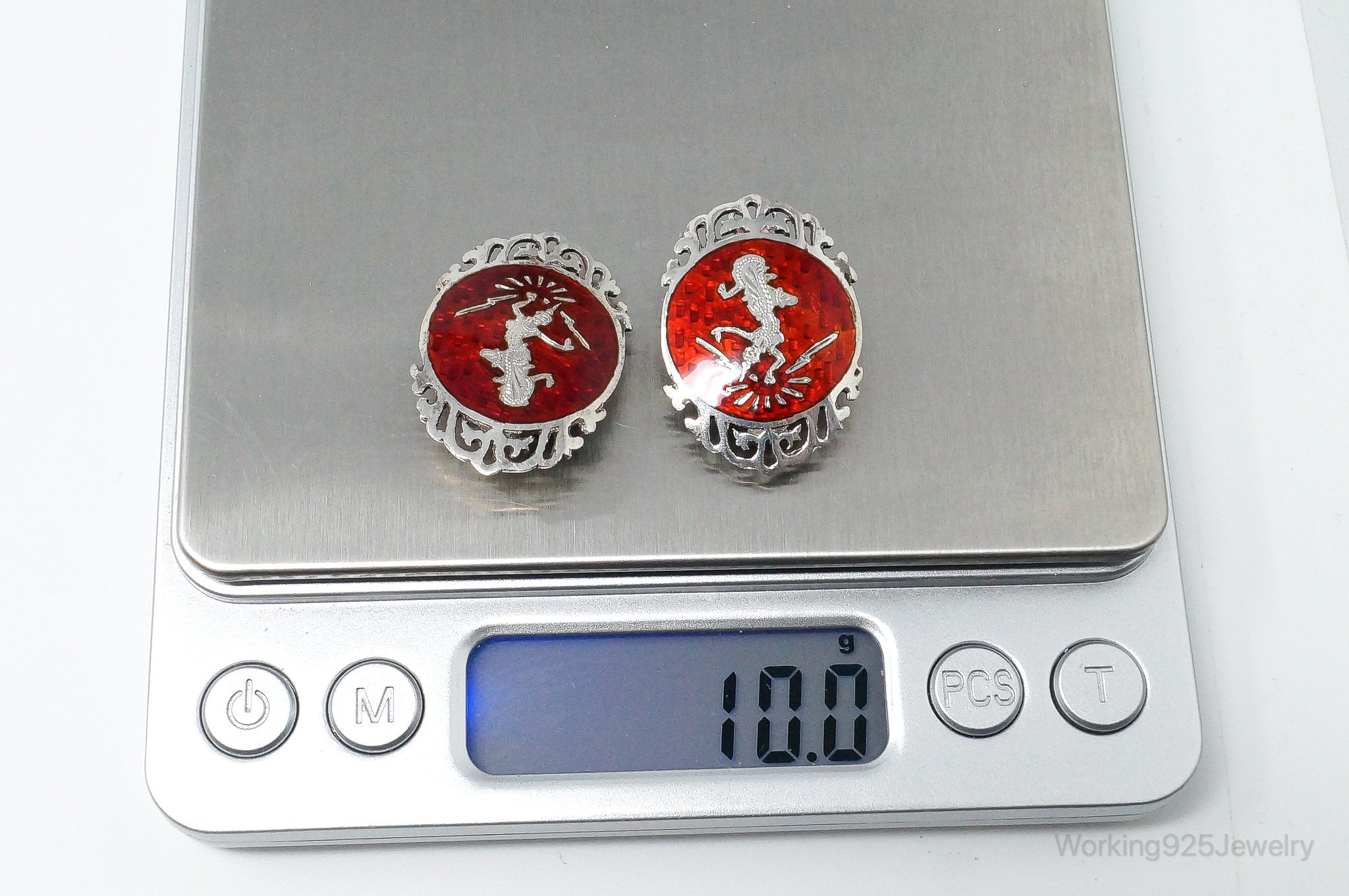 Vintage SIAM Red Enamel Lightening Dancer Sterling Silver Clip On Earrings