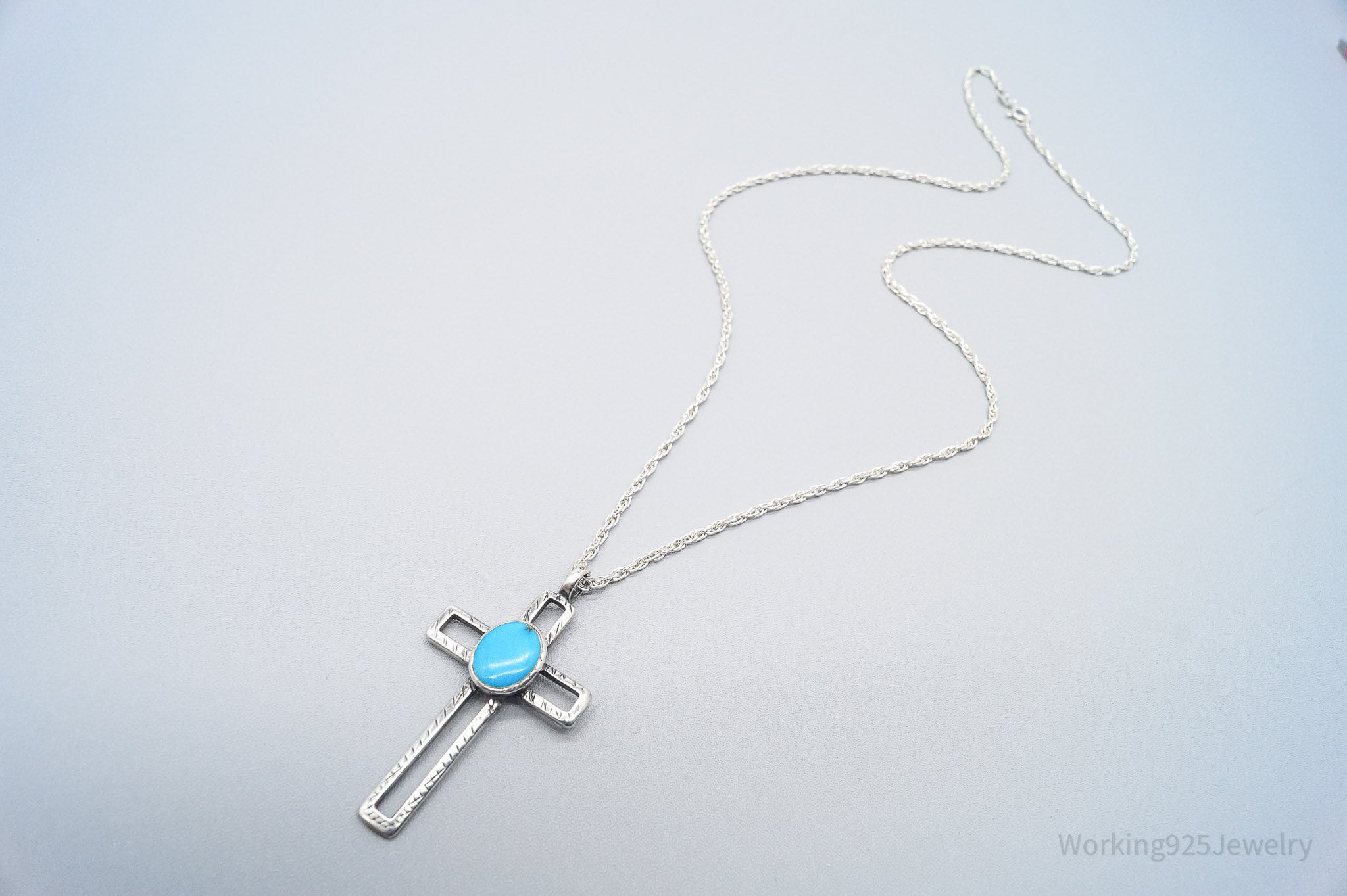 Vintage Western Turquoise Cross Sterling Silver Necklace 20"