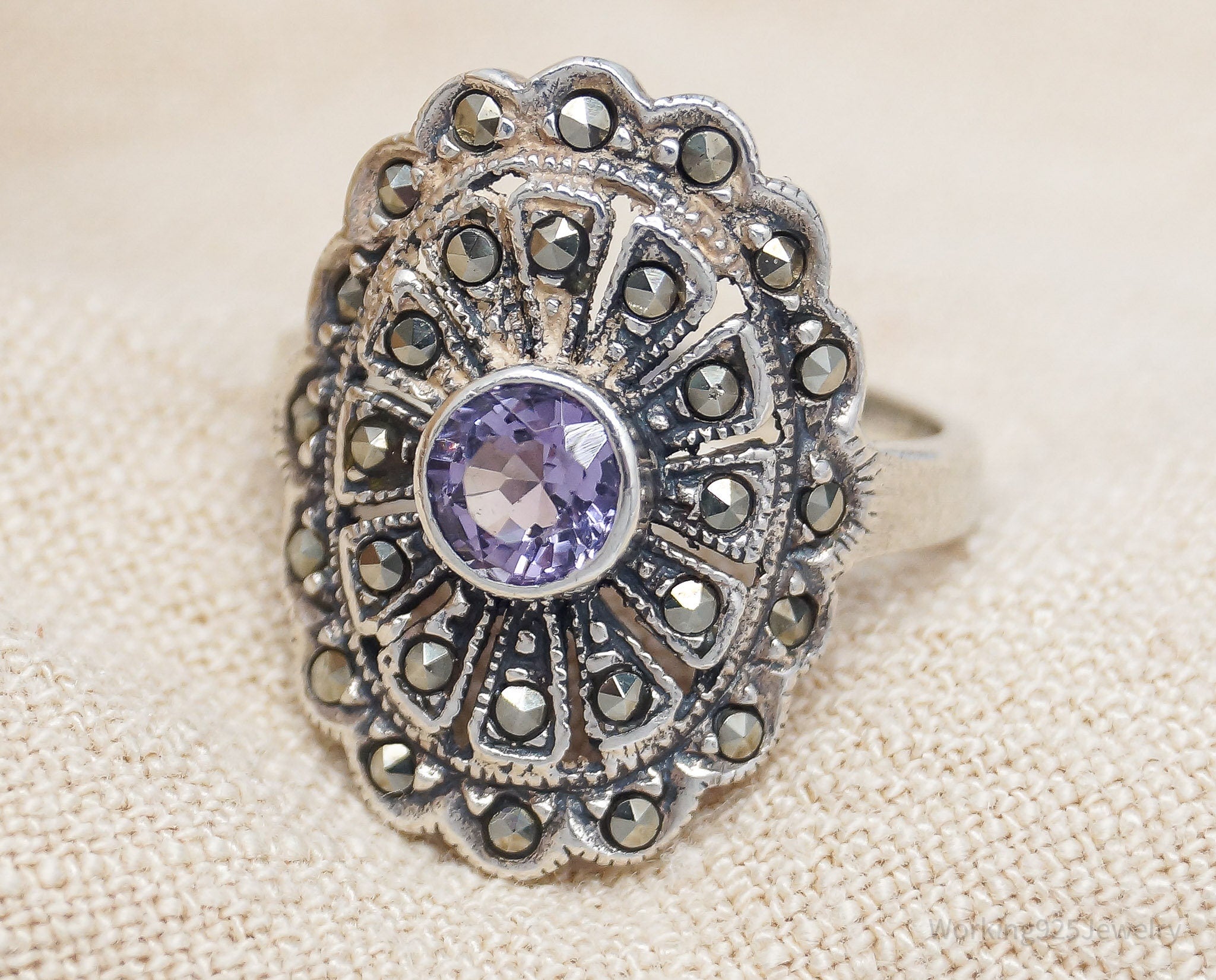 Vintage Amethyst Marcasite Sterling Silver Ring - Size 5.75