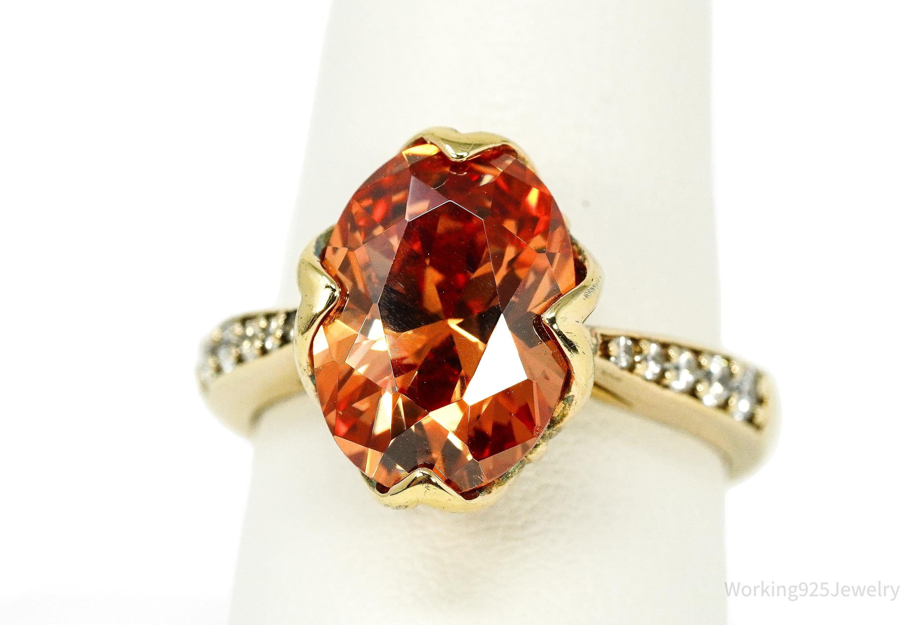 Vintage Large Orange & White Cubic Zirconia Gold Vermeil Sterling Silver Ring - Size 9