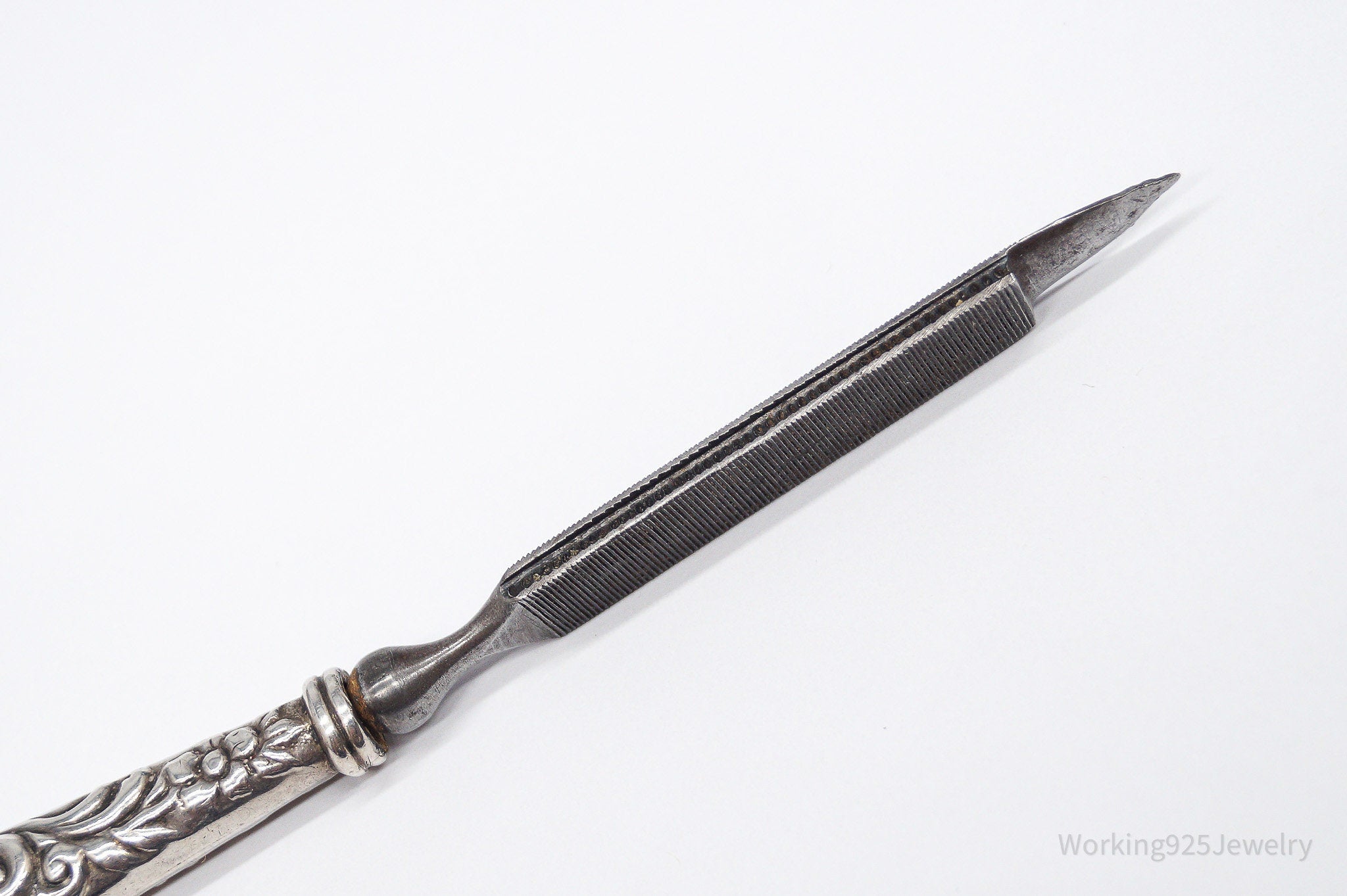 Large Rare Antique Repousse Purple Glass End Sterling Silver Nail File