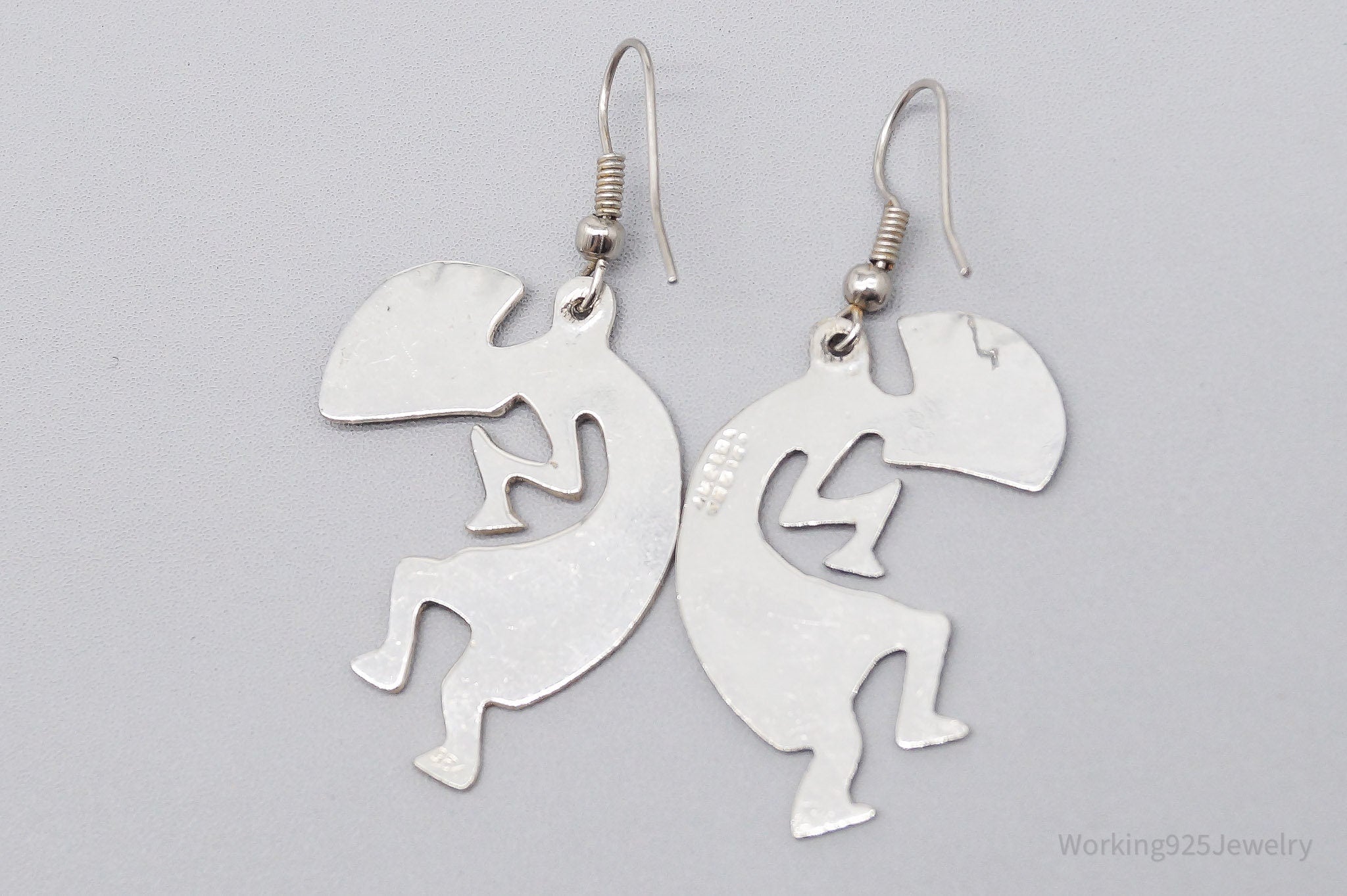 Large Vintage Native Dancing Kokopelli Inlay Sterling Silver Earrings