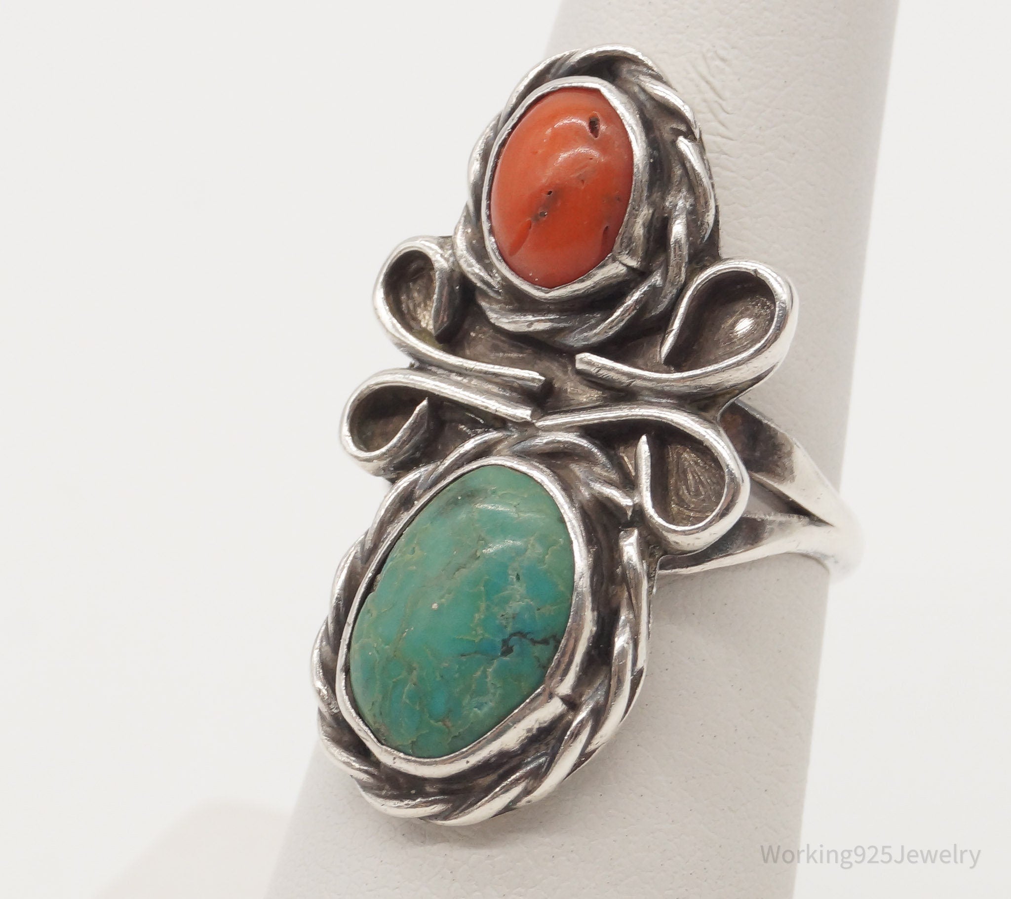 Vintage Native American Turquoise Coral Unsigned Silver Ring - SZ 5.75