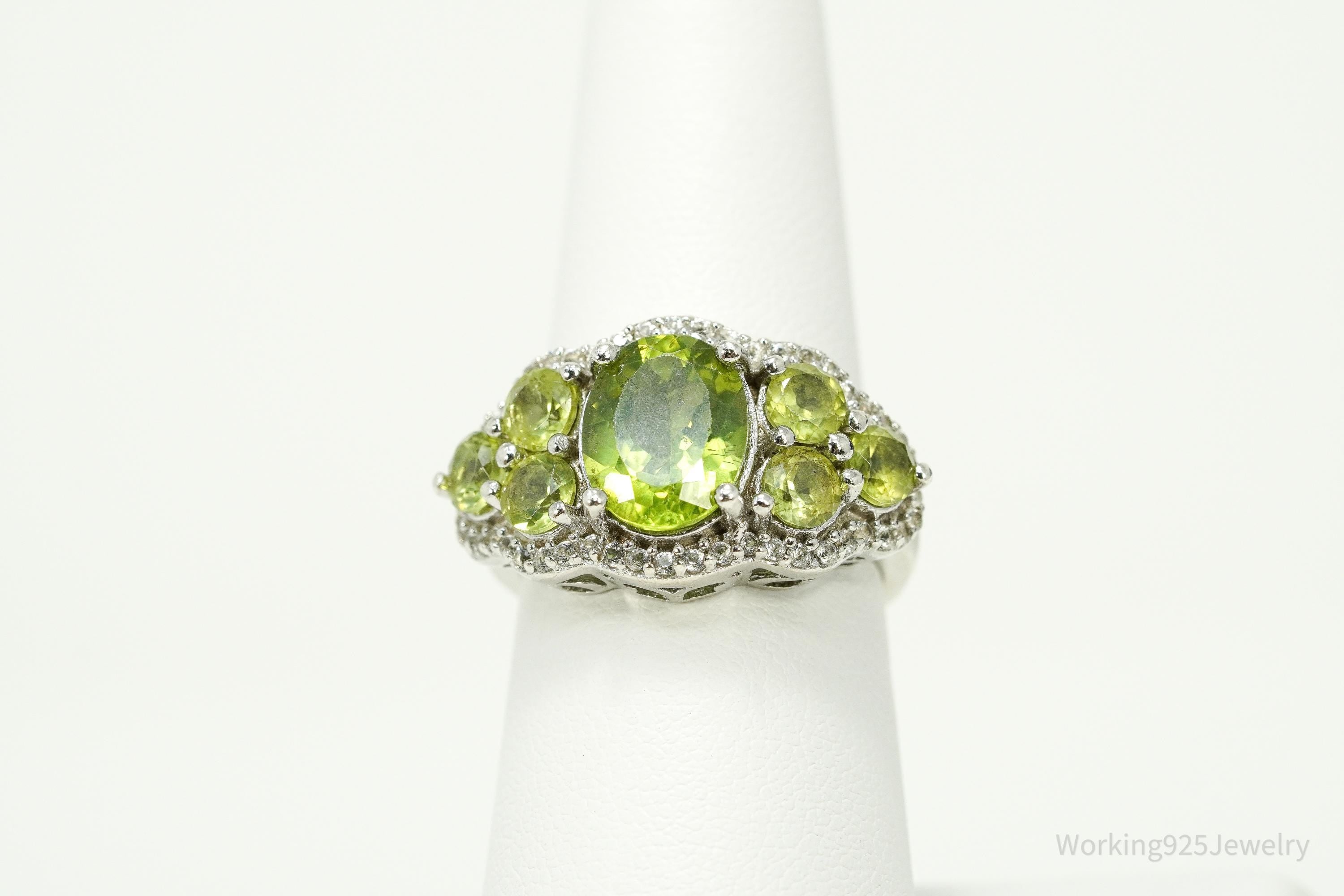 Green Peridot & White Zircon Rhodium Over Sterling Silver Ring - Size 7
