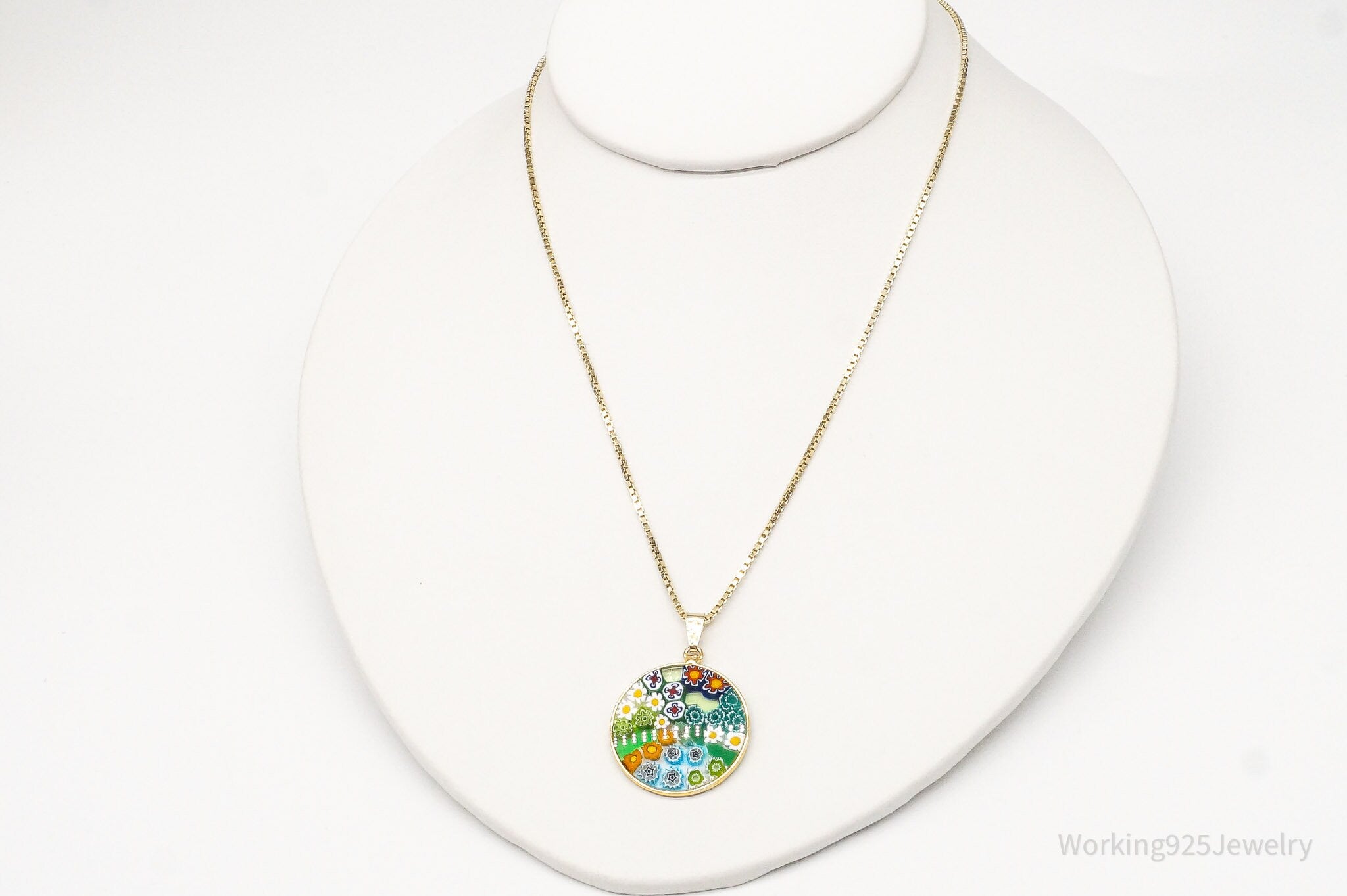 Vintage Glass Murano Millefiori Flowers Gold Vermeil Sterling Silver Necklace