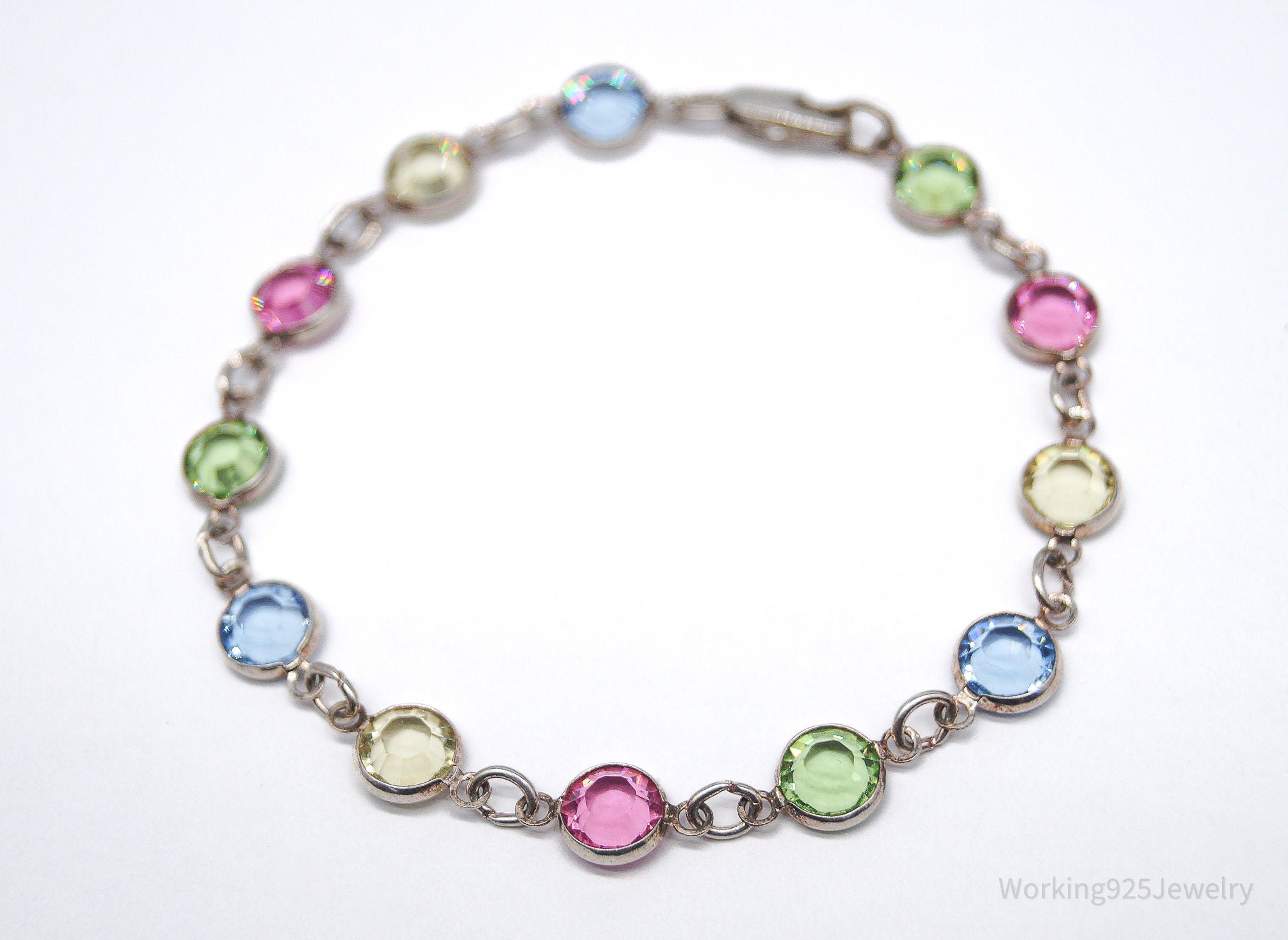 Vintage Rainbow Crystal Silver Bracelet - 7.25"