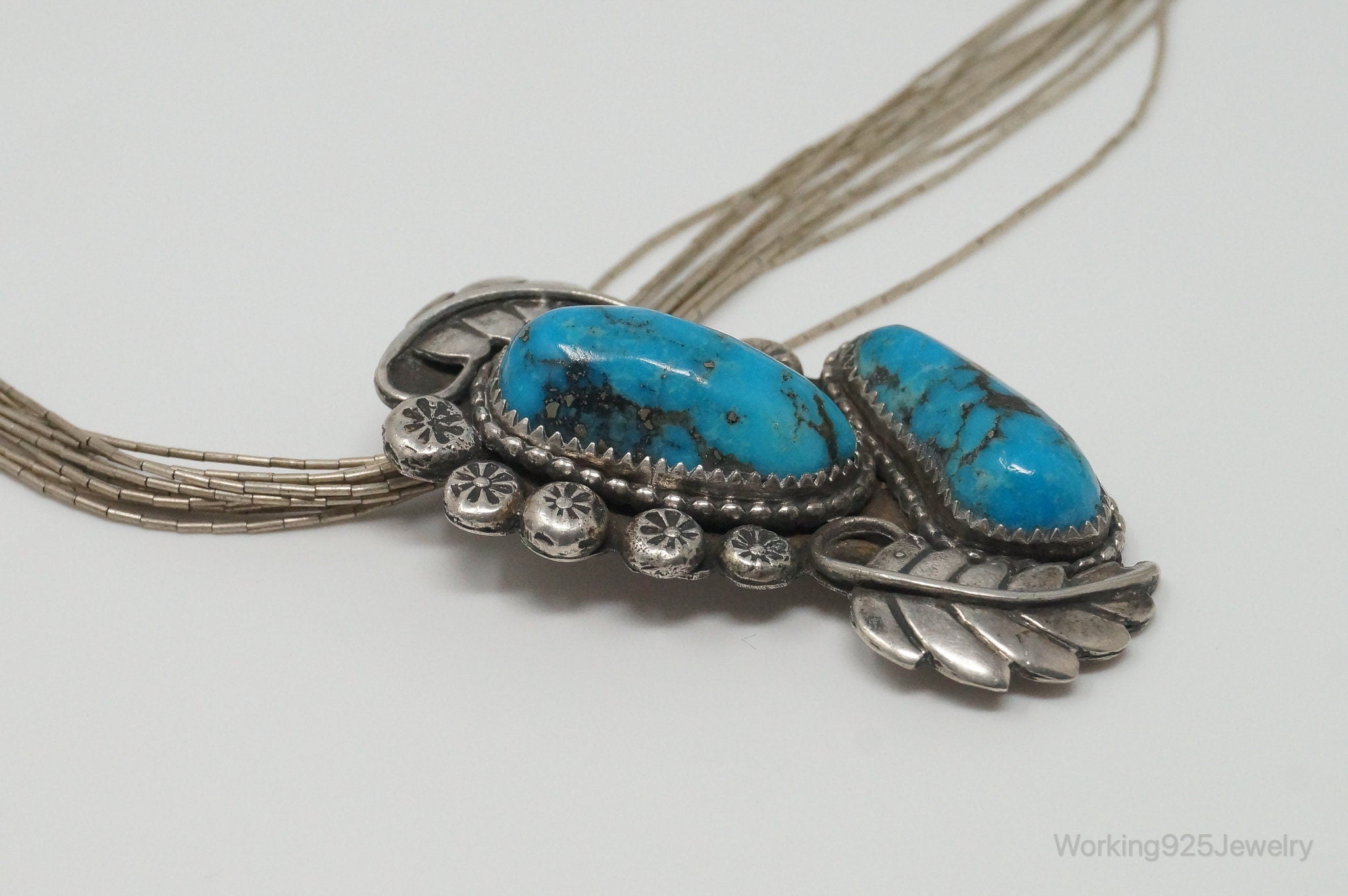 VTG Handmade Native American JH Large Turquoise Sterling Silver Necklace