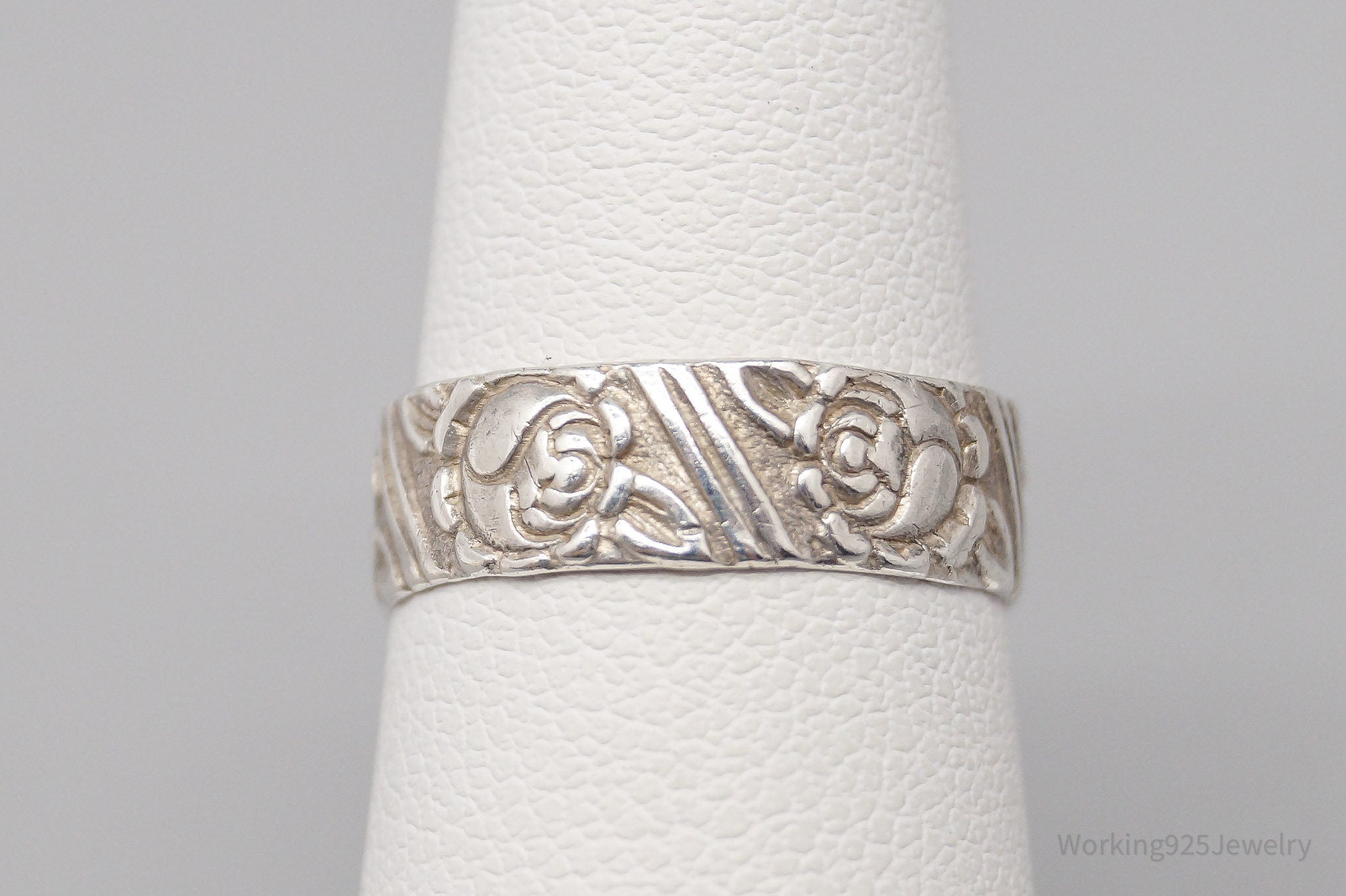 Antique Flowers Pattern Sterling Silver Band Ring - Size 5