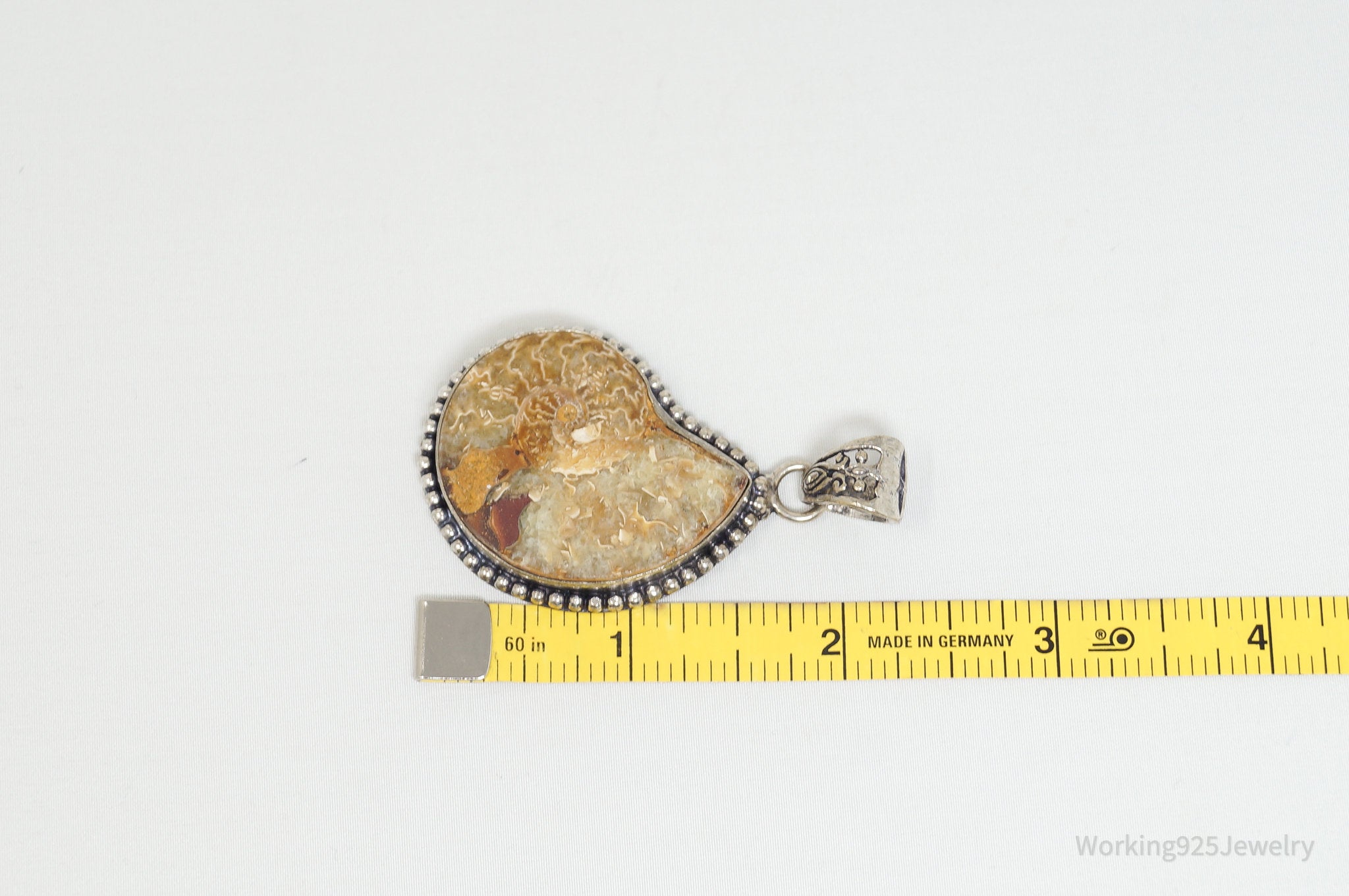 Vintage Large Ammonite Fossil Shell Sterling Silver Necklace Pendant