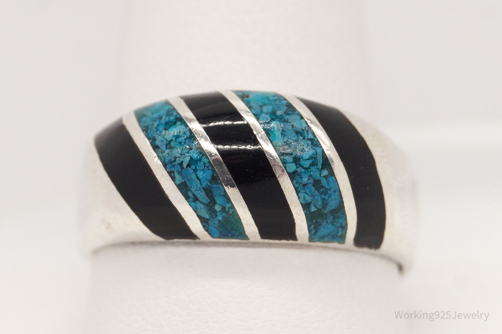 Vintage Mexico Blue Turquoise & Black Enamel Sterling Silver Ring - SZ 11.5