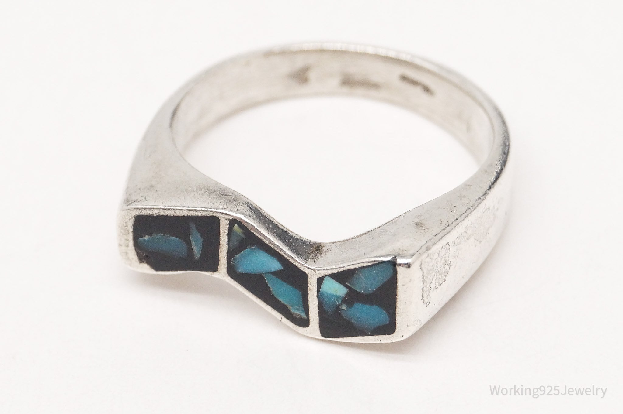 Vintage Blue Turquoise Inlay Sterling Silver Ring - Size 7