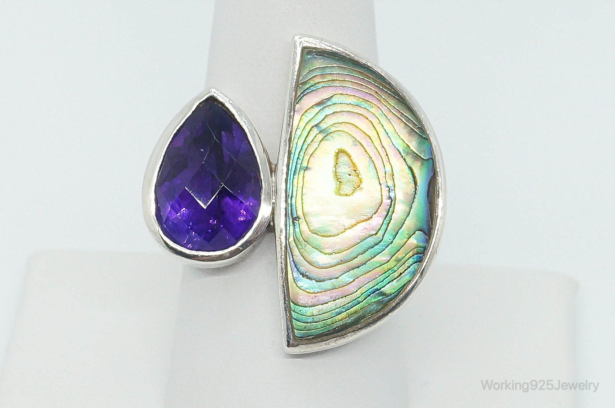 Vintage Paua Abalone Shell Amethyst Sterling Silver Ring - Size 9.25