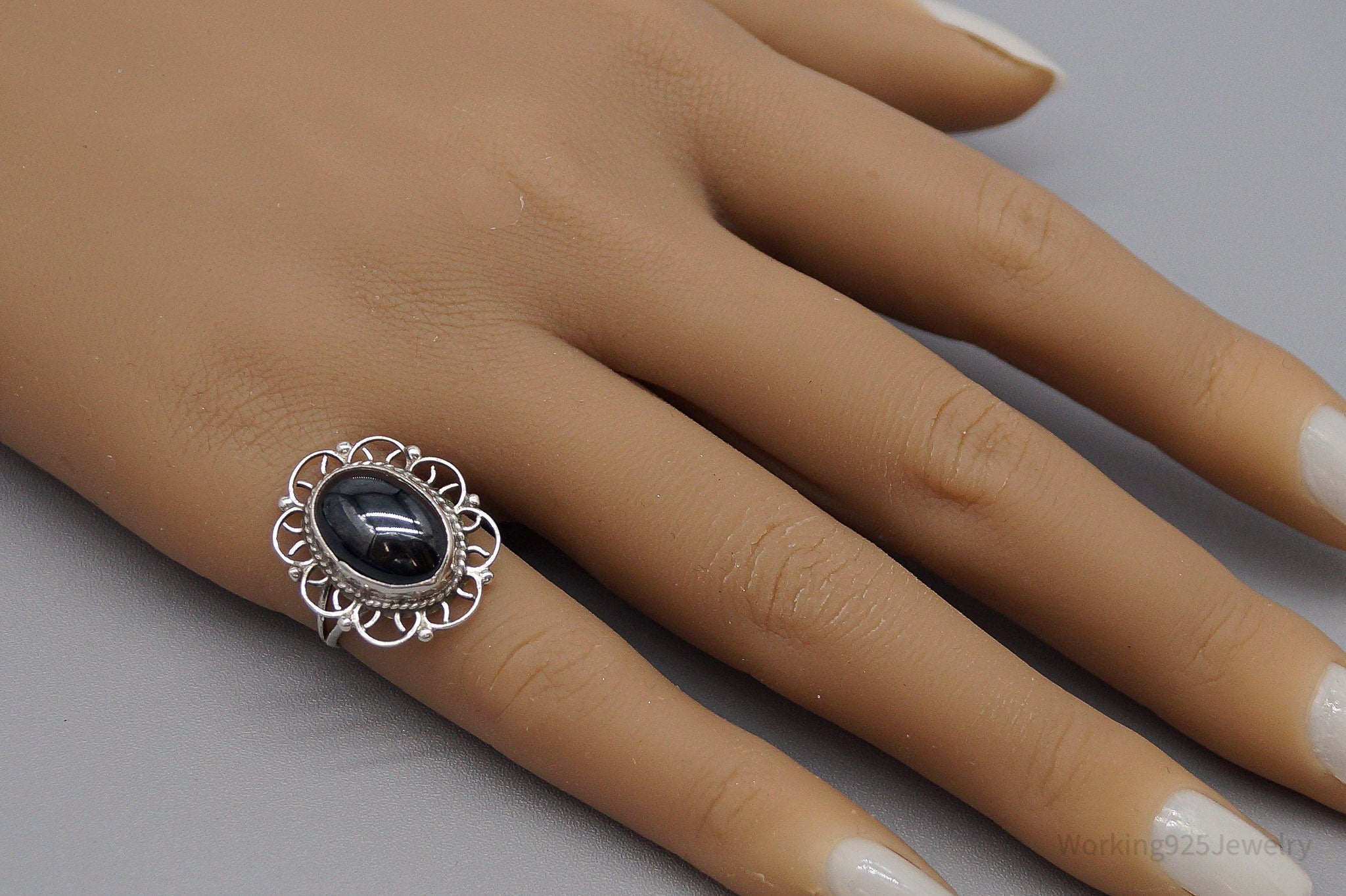 Vintage Mexico Black Stone Sterling Silver Ring - Size 5.75