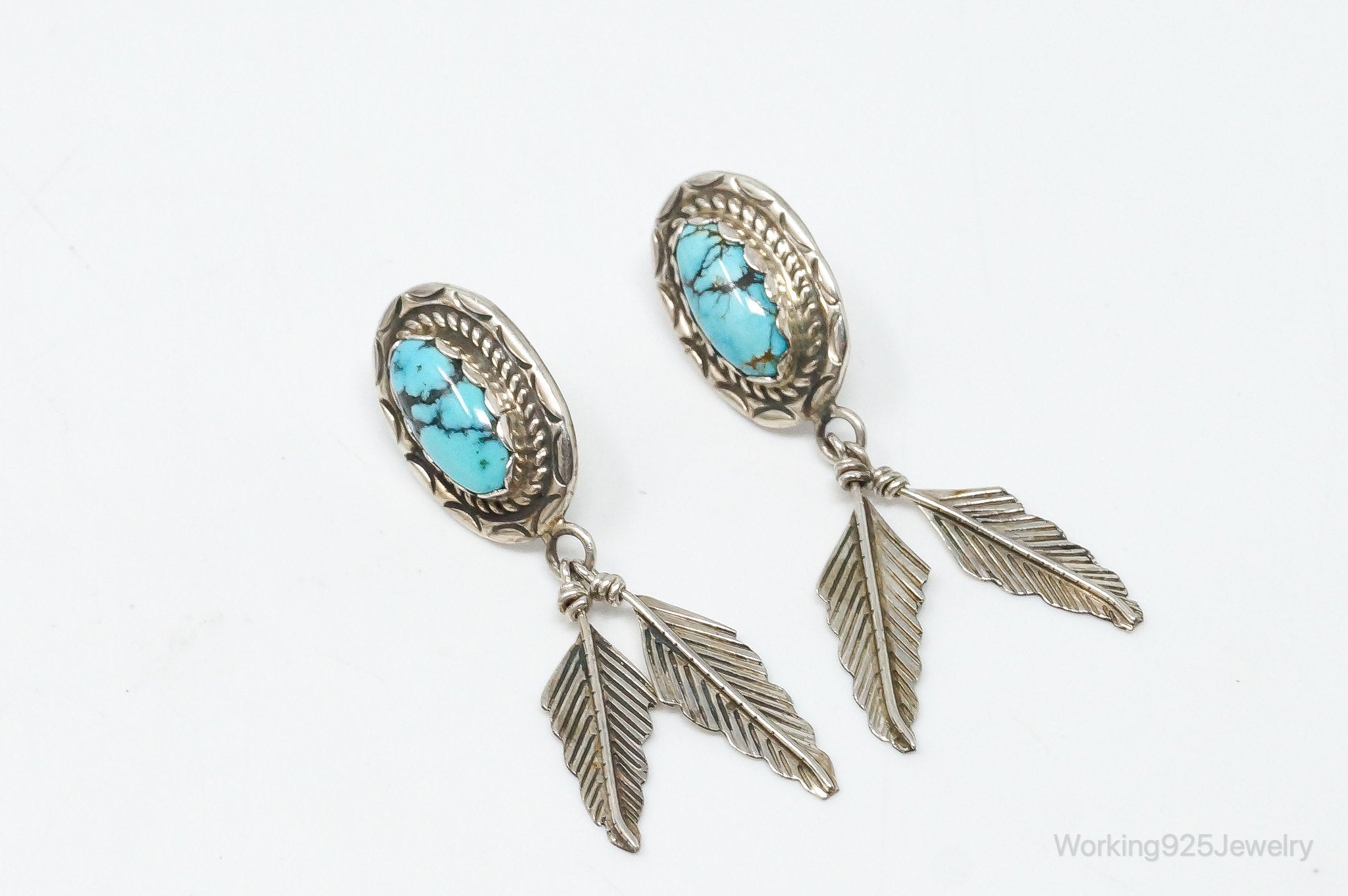 Vintage Native American Designer SY Turquoise Sterling Silver Earrings