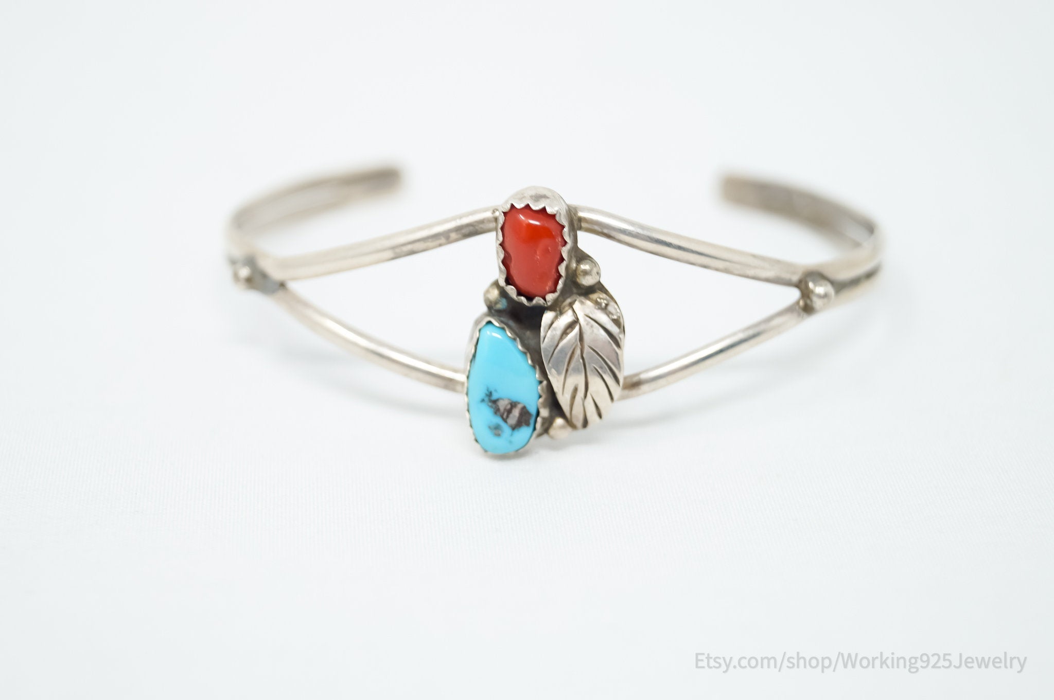 Vintage Native Handmade Unsigned Turquoise Coral Sterling Silver Cuff Bracelet