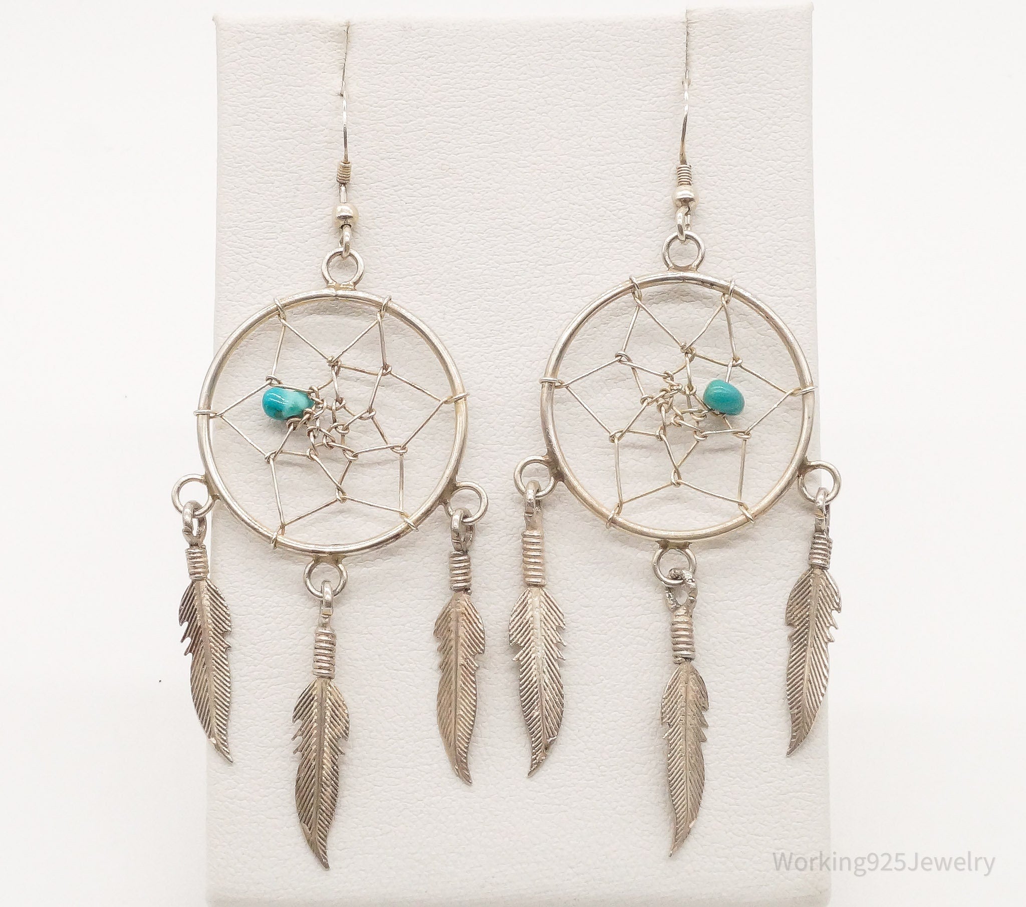 Vintage Native American Turquoise Dream Catcher Sterling Silver Earrings