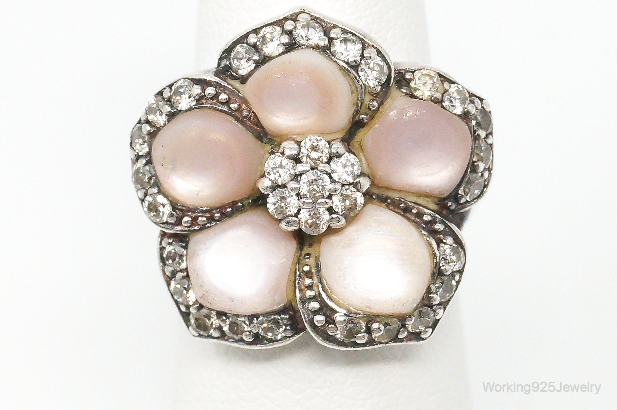 Vintage Mother Of Pearl Cubic Zirconia Sterling Silver Ring Size 5