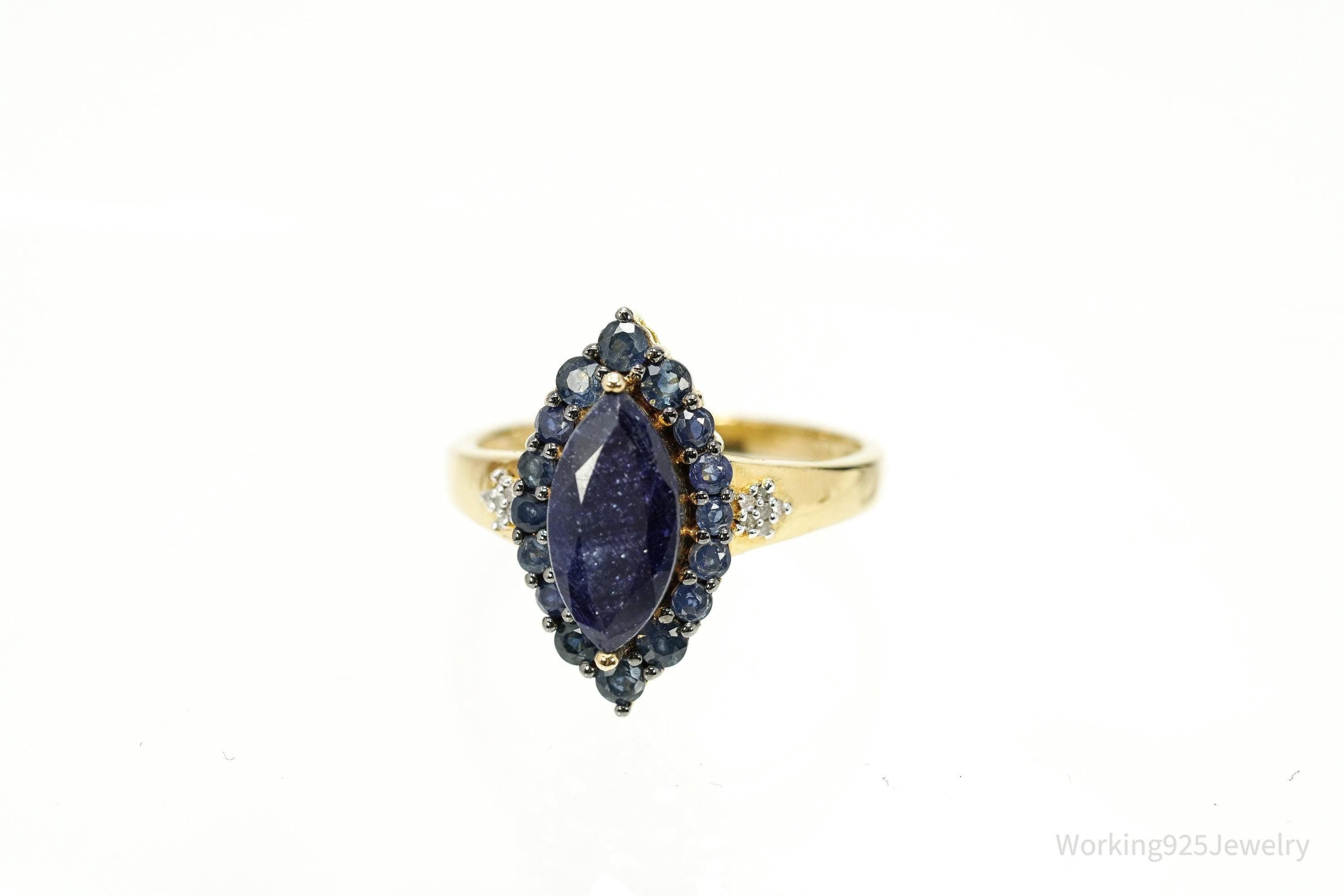 Vintage 70s Sapphire & Diamond Marquise Gold Over Sterling Cocktail Ring Sz 12