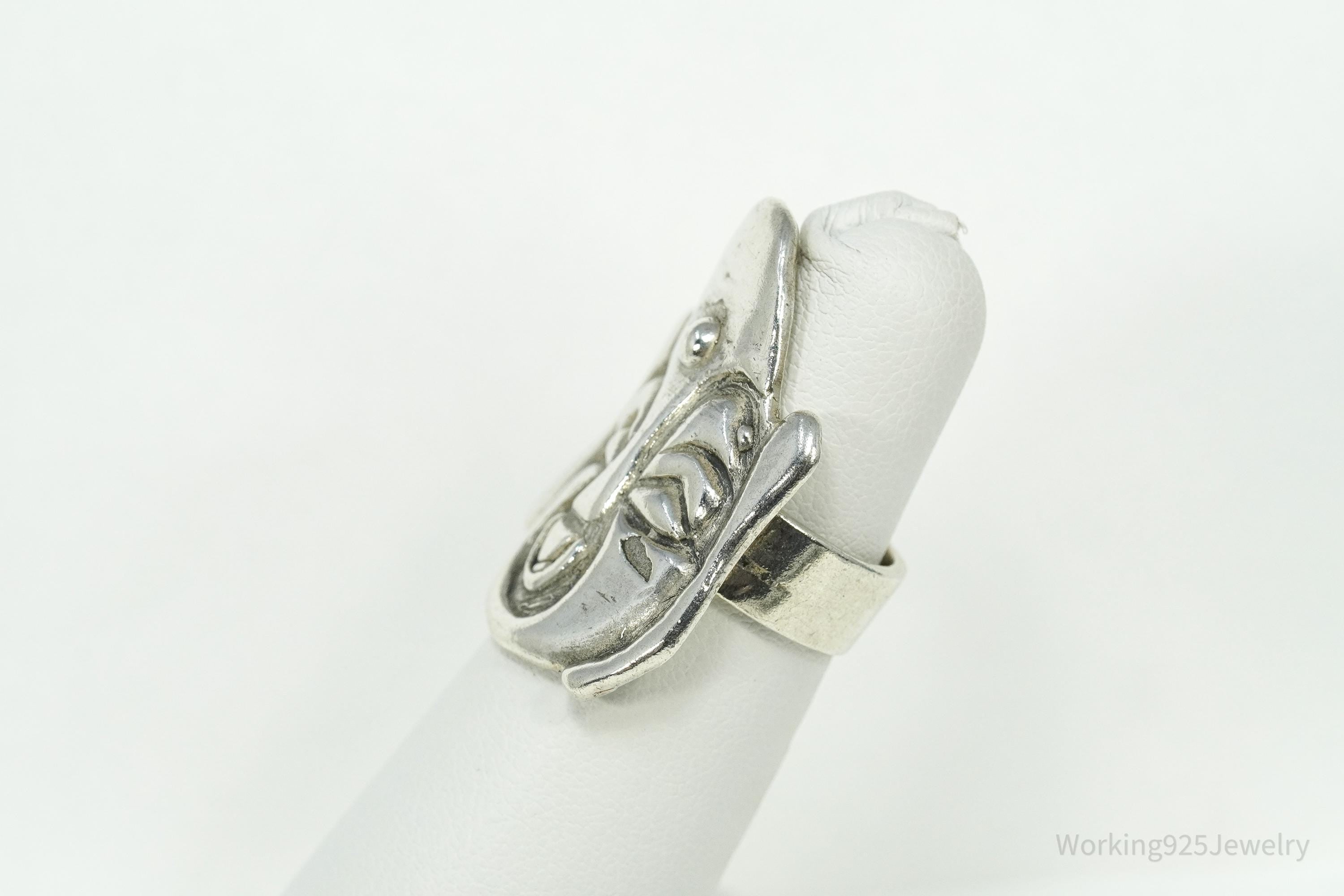 Vintage Large Buddha Head Silver Ring - Size 4.5