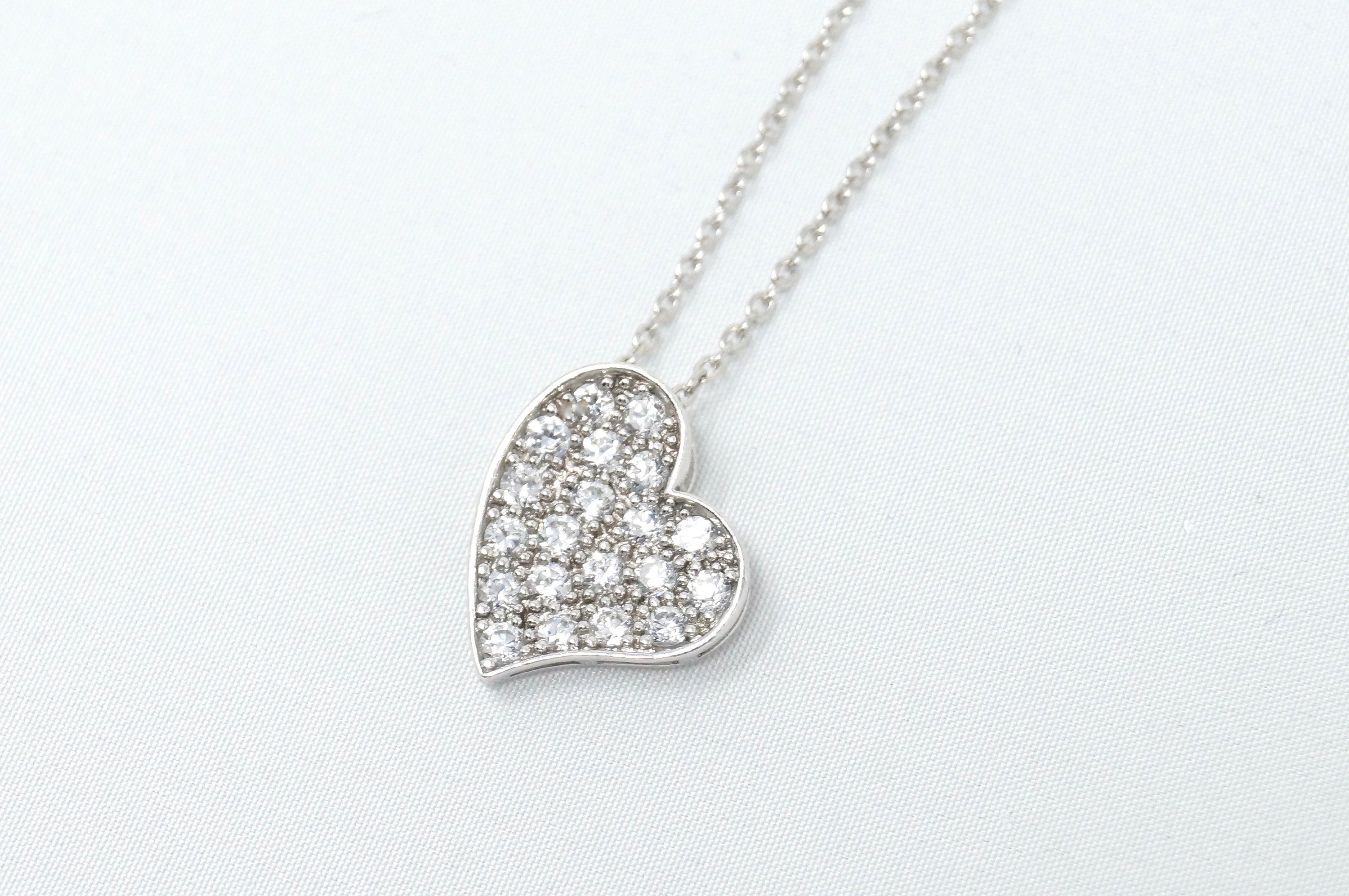 Vintage Simulated Diamond Accented Sweetheart Heart Sterling Silver Necklace 18"