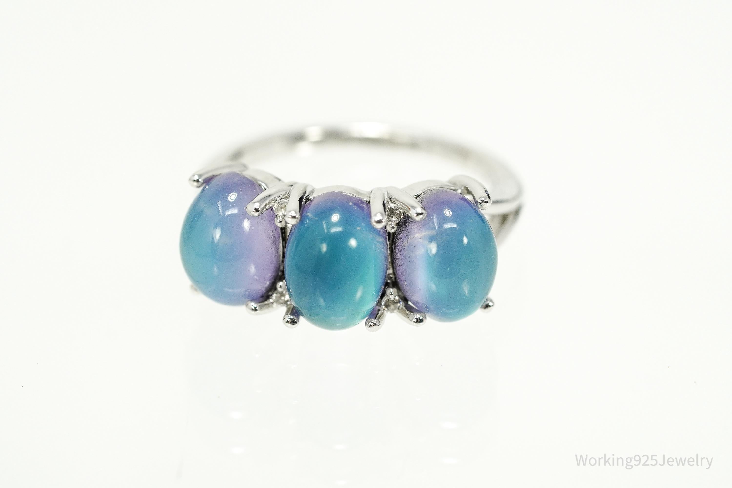 Vintage Y2K Aurora Moonstone & White Zircon Rhodium Over Sterling Silver Ring 5