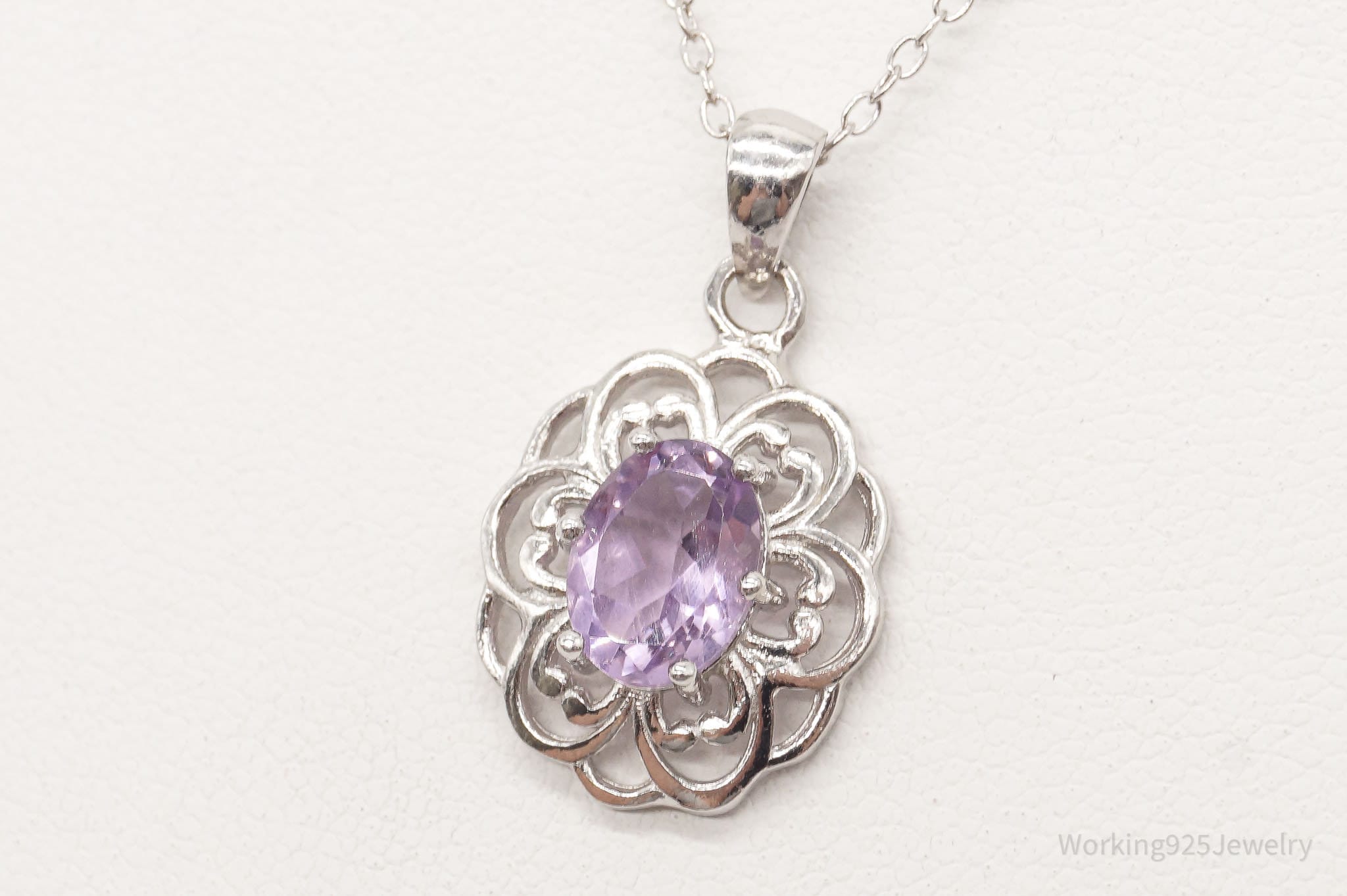 Vintage FAS Amethyst Flower Sterling Silver Chain Necklace