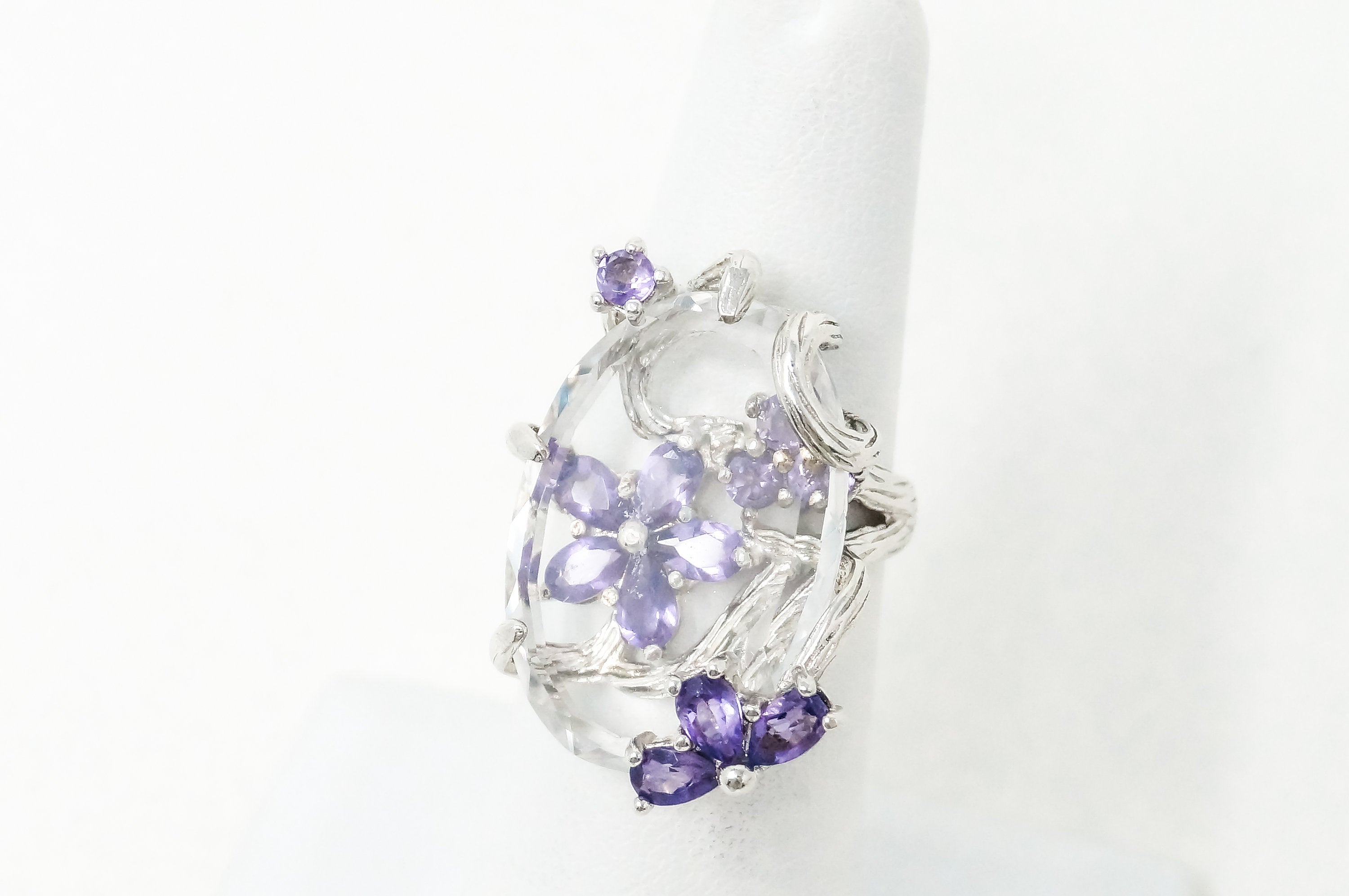 Vintage Large Glass Amethyst Flower Branch Floral Sterling Silver Ring - Sz 6