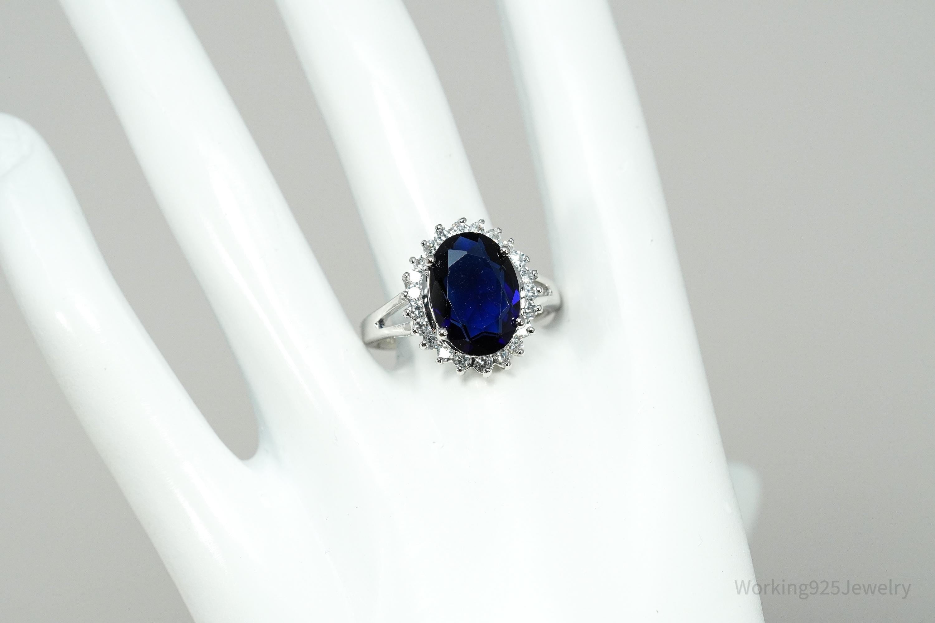Vintage Avon RJ Simulated Blue Sapphire & Cubic Zirconia Sterling Silver Ring Size 10