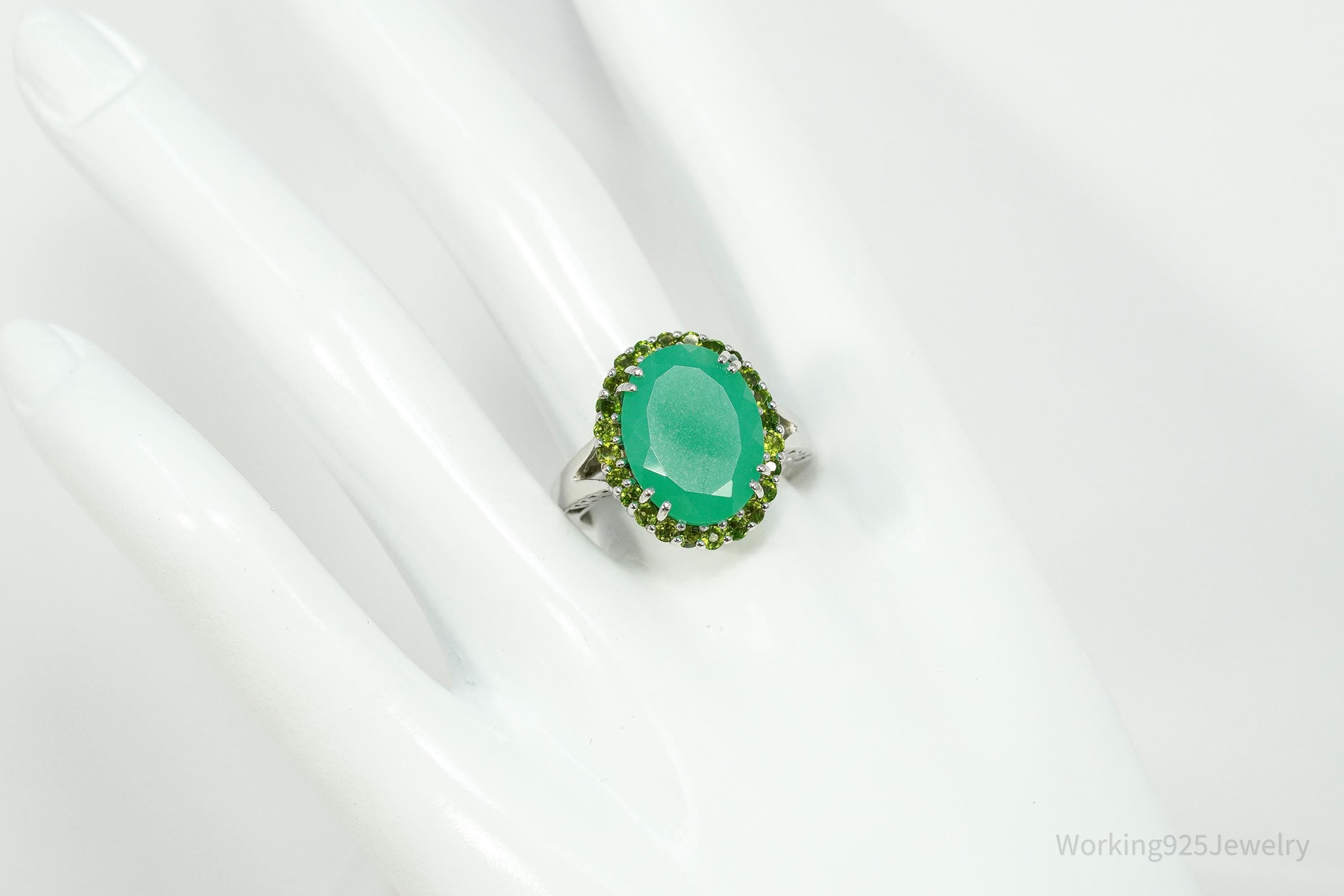 Vintage Green Chrysoprase & Peridot Sterling Silver Ring - Size 9.25