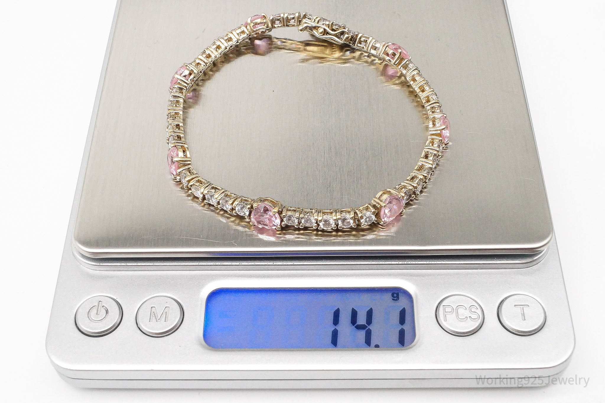 Vintage Pink & White Cubic Zirconia Gold Vermeil Sterling Silver Bracelet