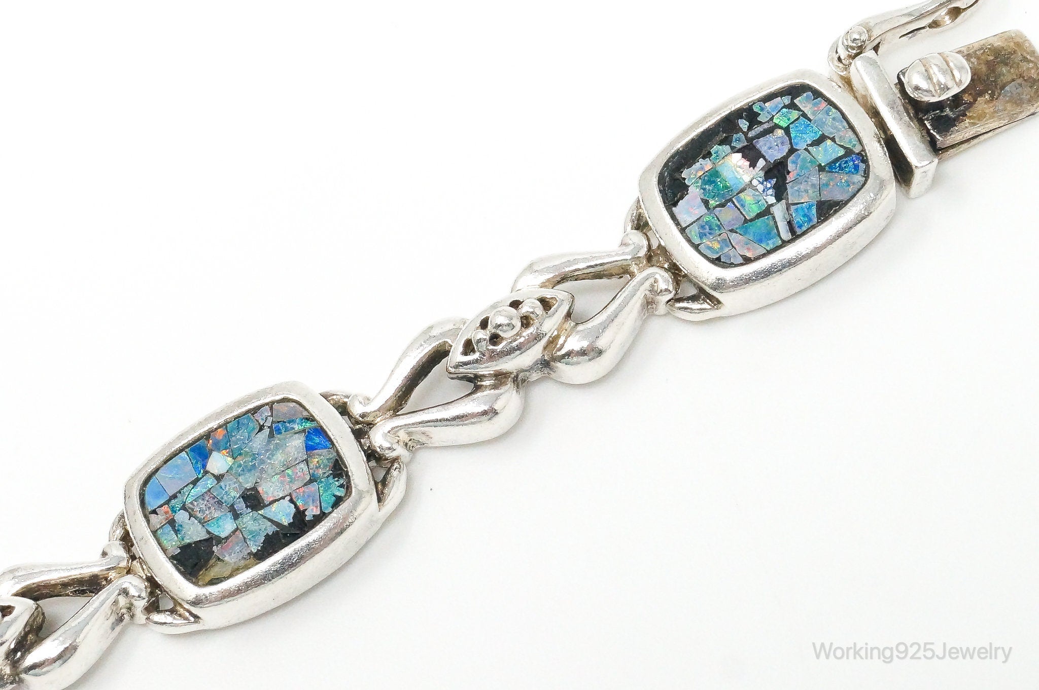 Vintage Mosaic Blue Fire Opal Inlay Sterling Silver Bracelet