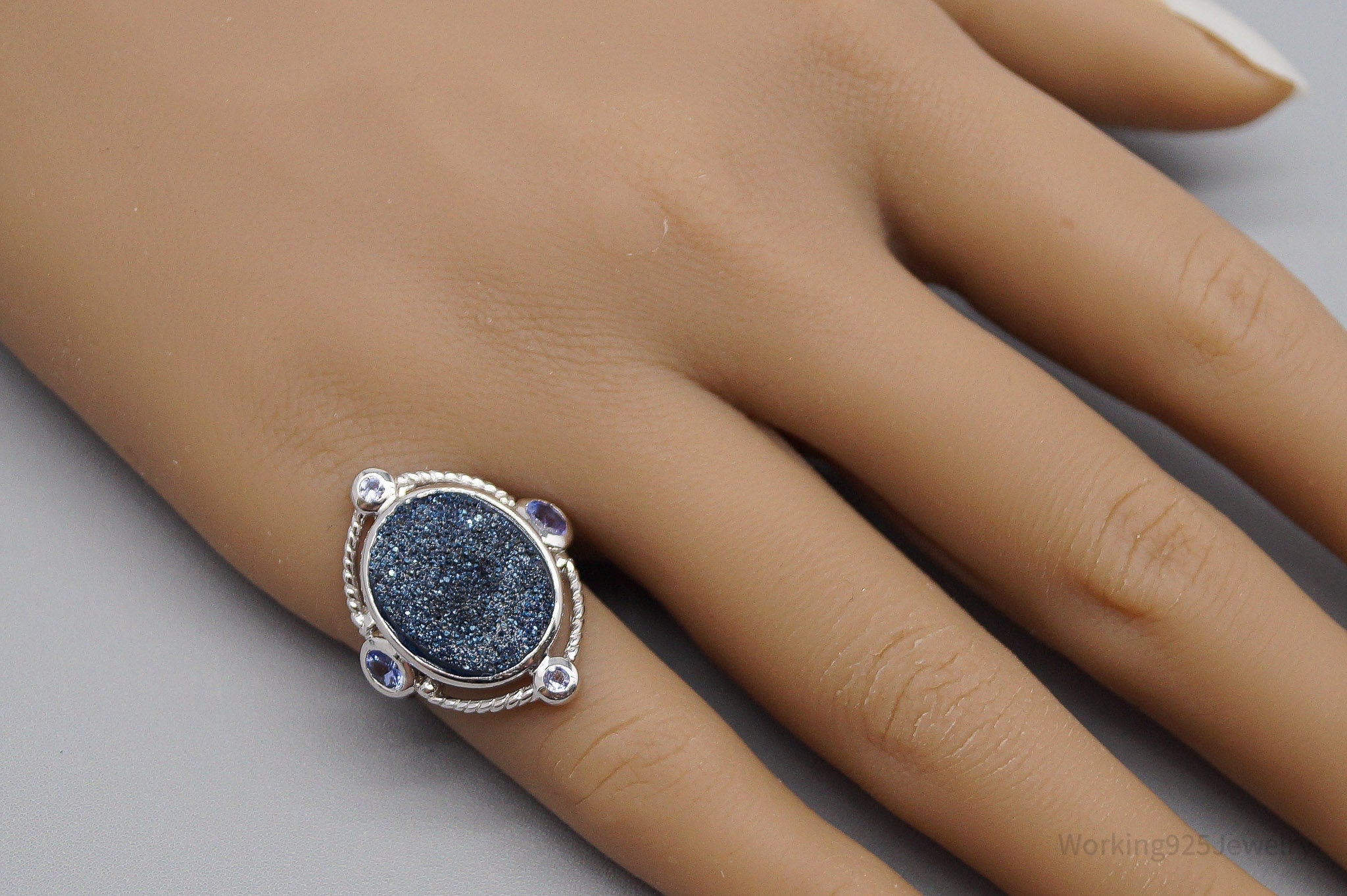 Vintage Blue Druzy Quartz & Tanzanite Sterling Silver Ring - Size 6