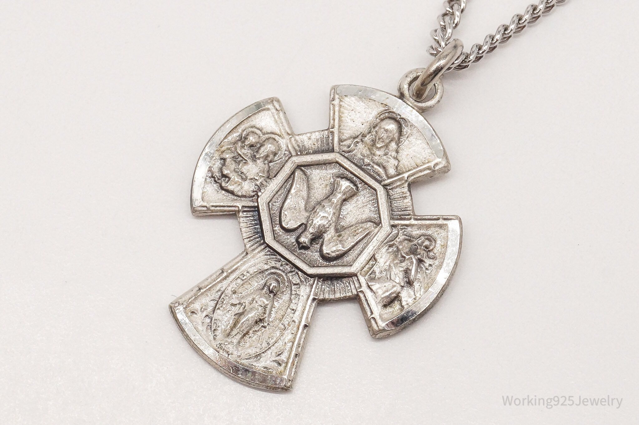 Antique Four Way Cross Sterling Silver Pendant on Silver Chain Necklace 18"