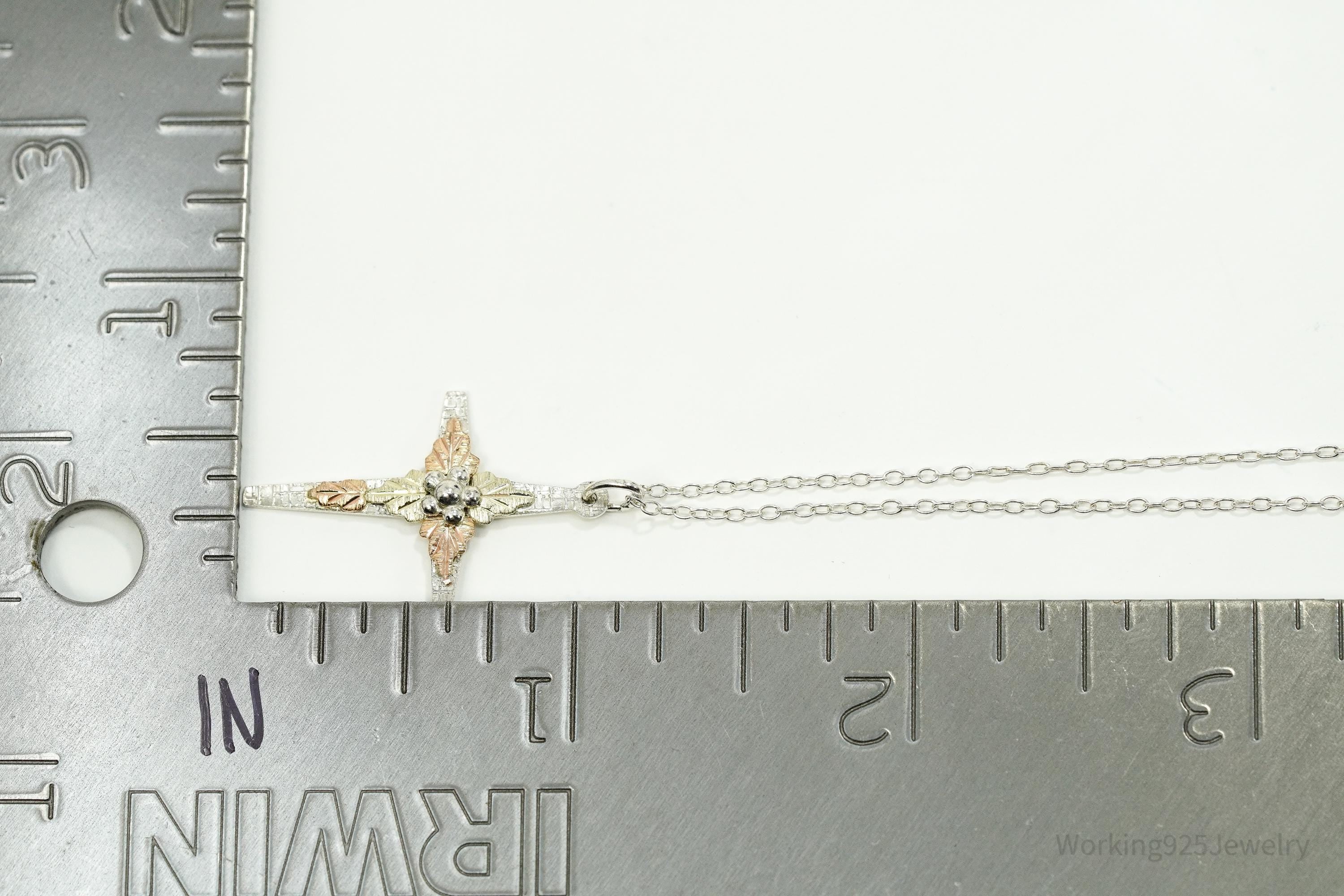 Vintage Landstrom's 10K Black Hills Gold Leaves Sterling Silver Cross Necklace 18"