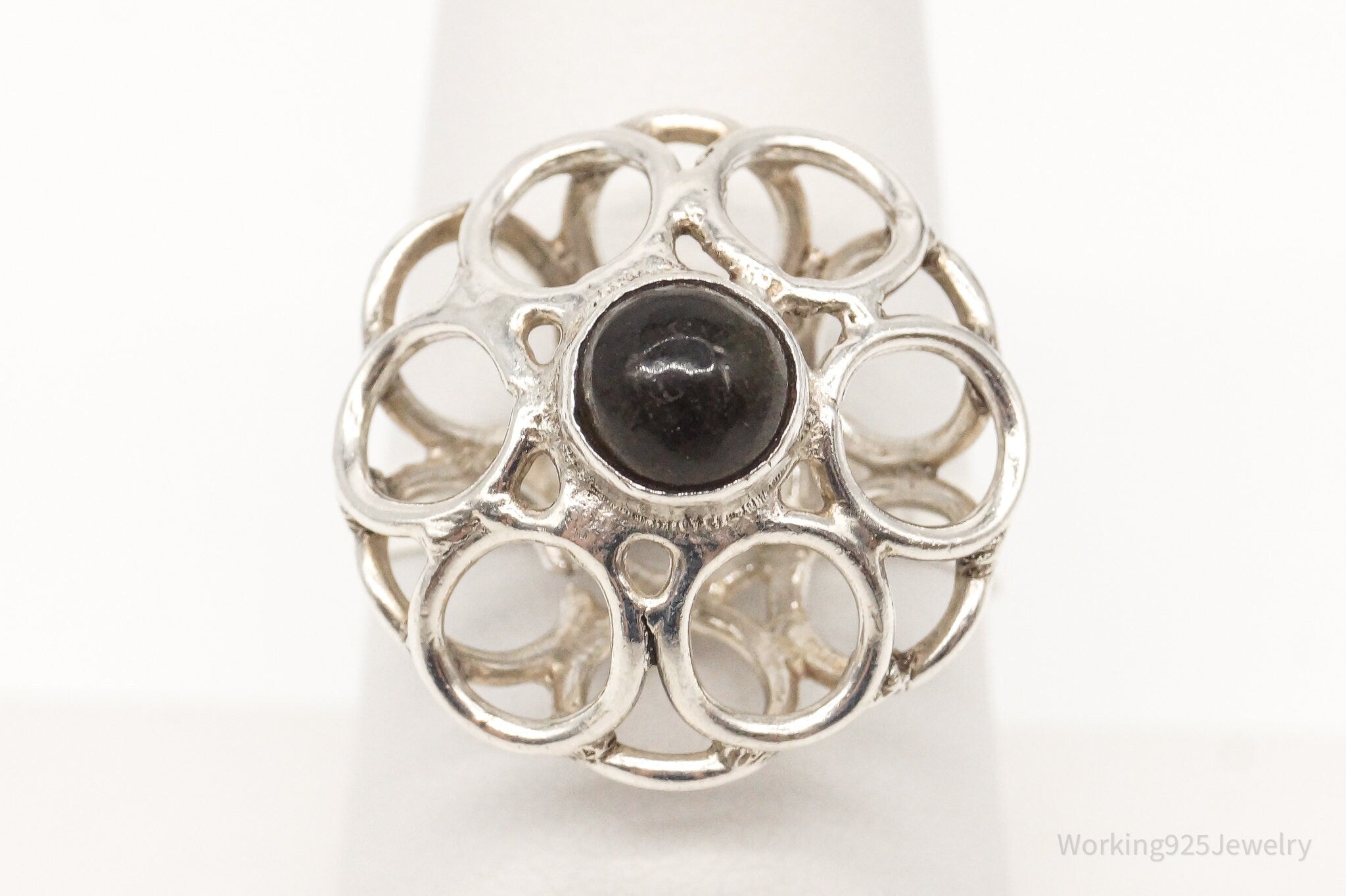 Vintage Mexico Black Glass Sterling Silver Ring - Size 8.25 Adjustable