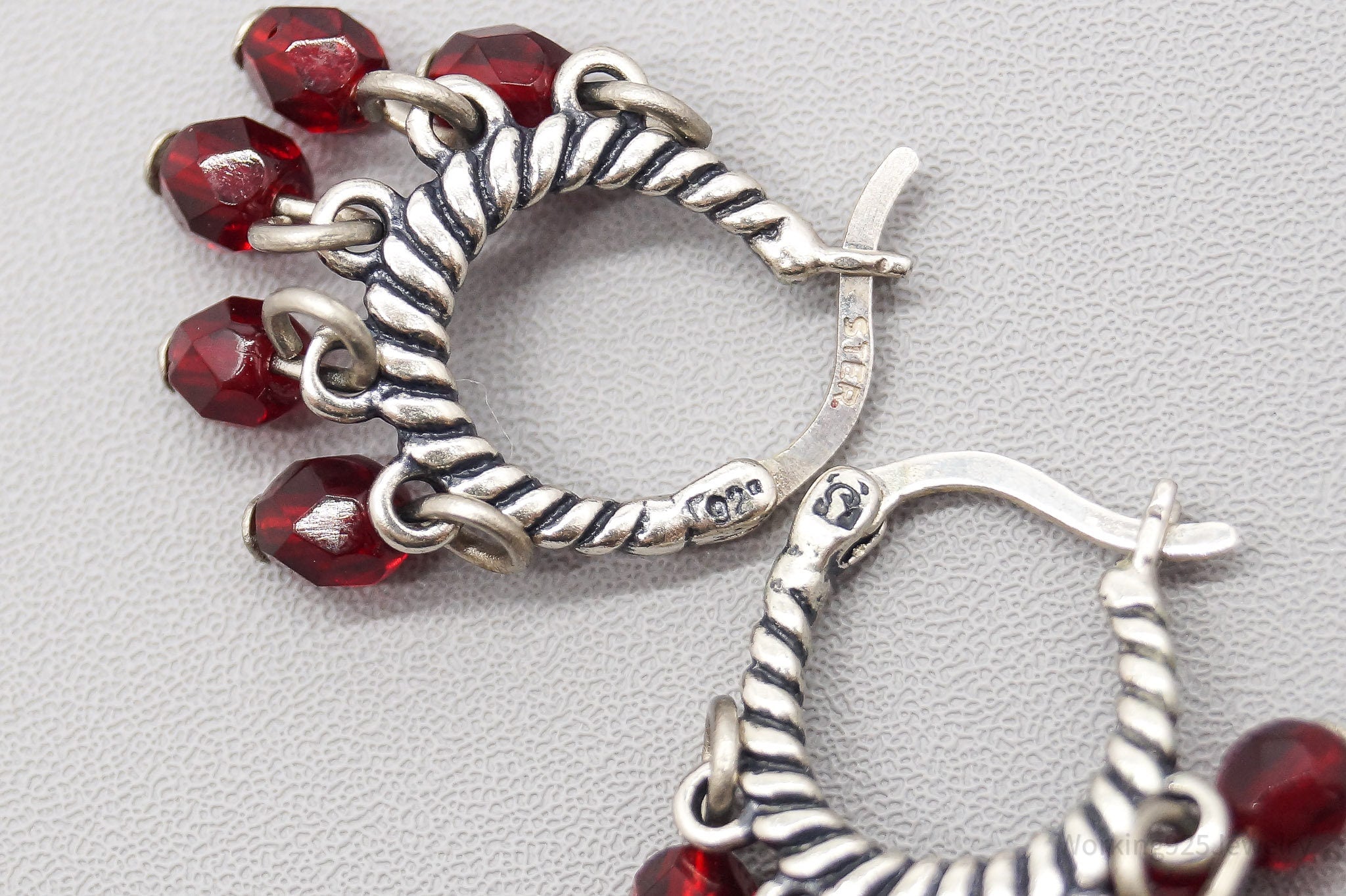 Vintage Red Crystal Sterling Silver Hoop Earrings