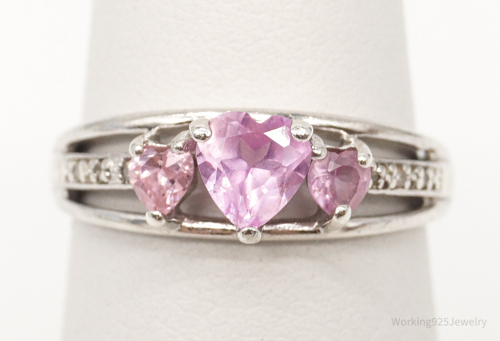 Vintage Pink Topaz Hearts Cubic Zirconia Silver Ring - Size 6