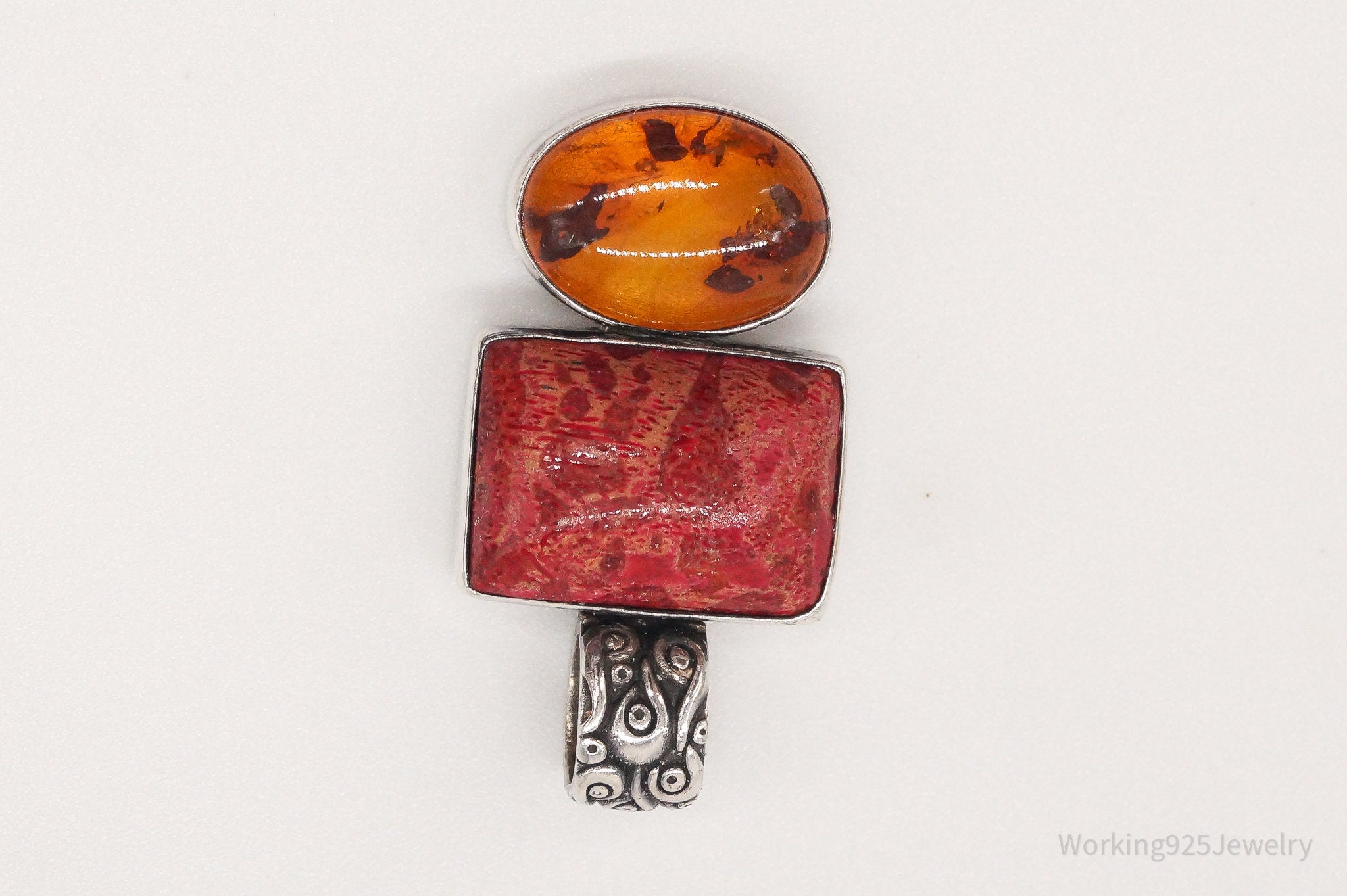 Vintage Red Coral Amber Sterling Silver Pendant