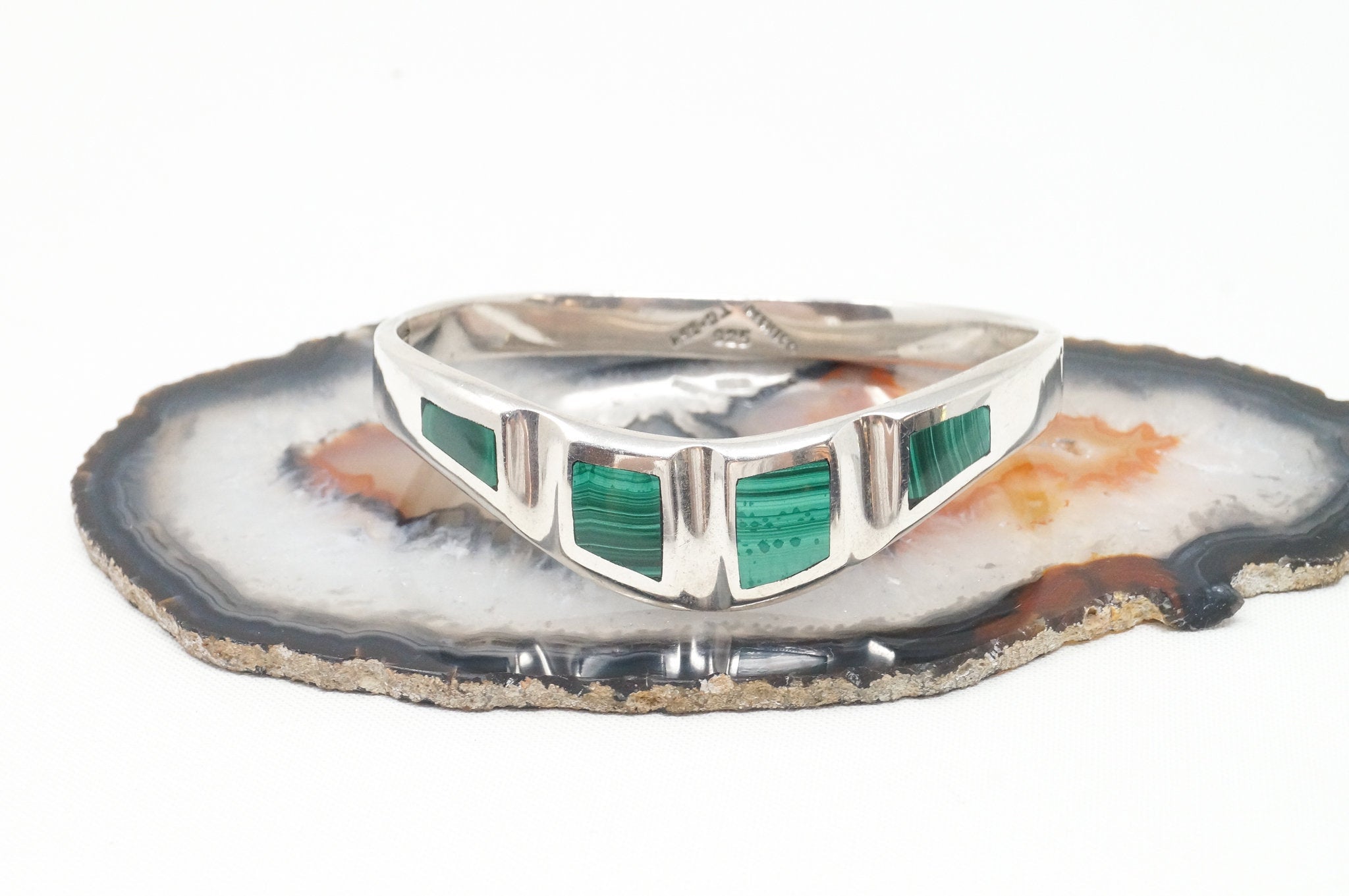 Vintage Mex Malachite Southwestern Handmade Sterling Silver Cuff Bracelet