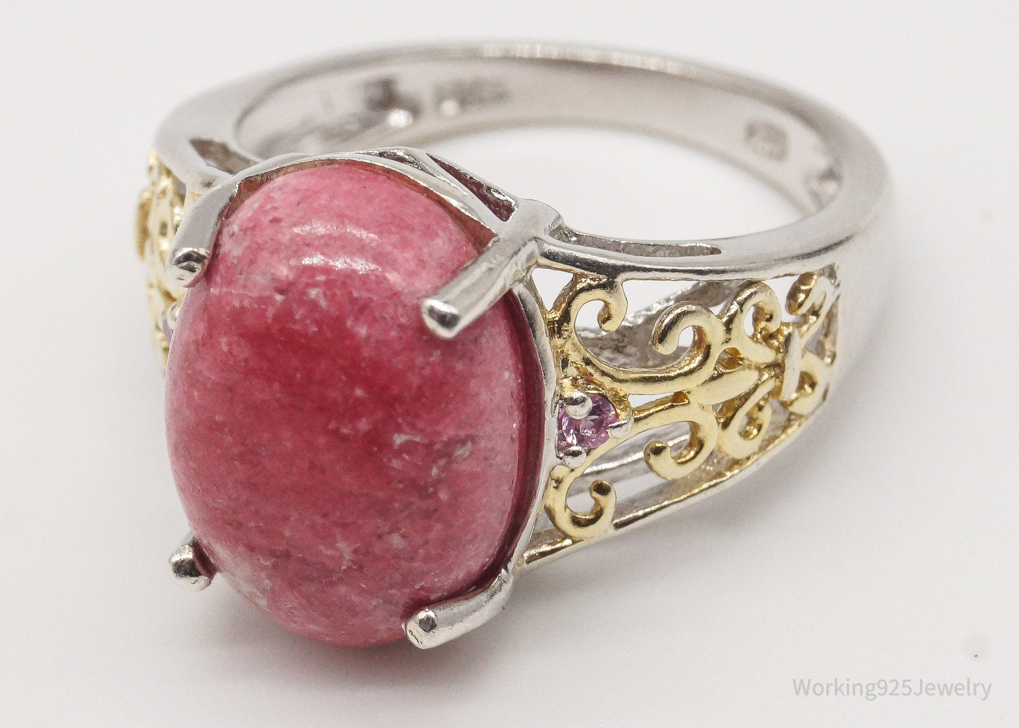 Vintage Thulite Pink Topaz Gold Vermeil Sterling Silver Ring - Size 7