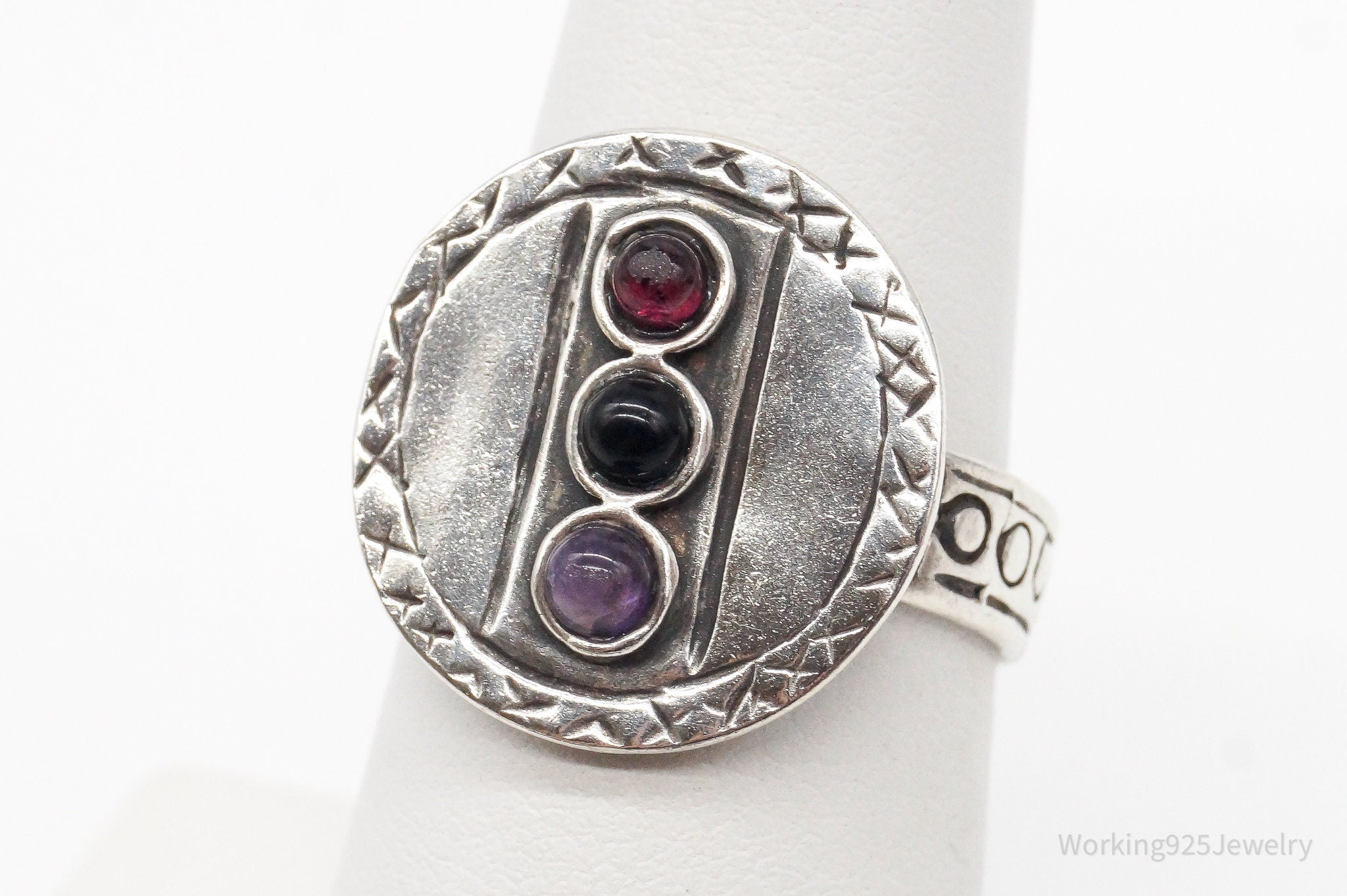 Vintage Rhodolite Garnet Amethyst Black Onyx Sterling Silver Ring - Size 6.75