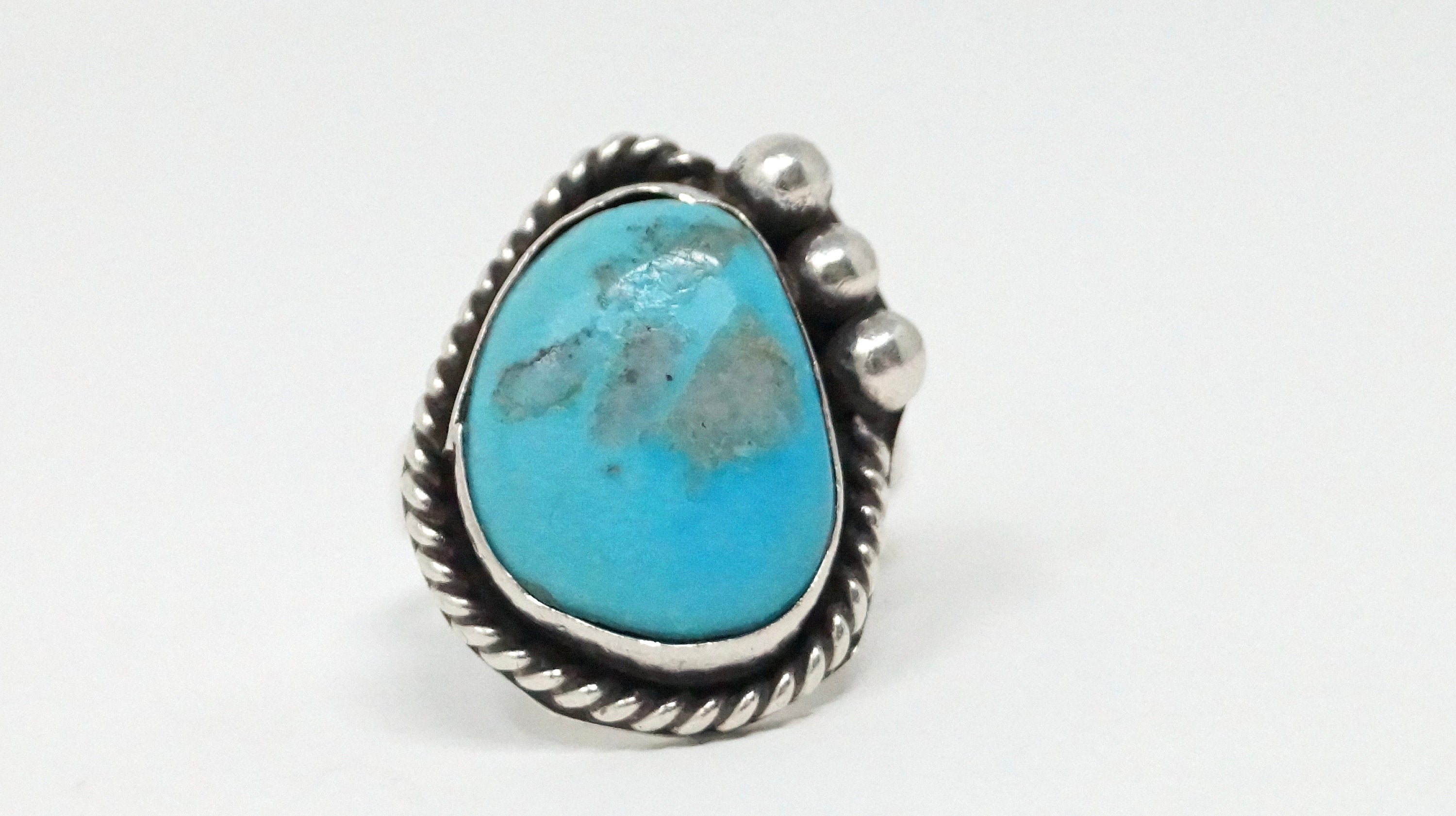 Vintage Native Turquoise Sterling Silver Rope Detail Ring - Size 7 1/4