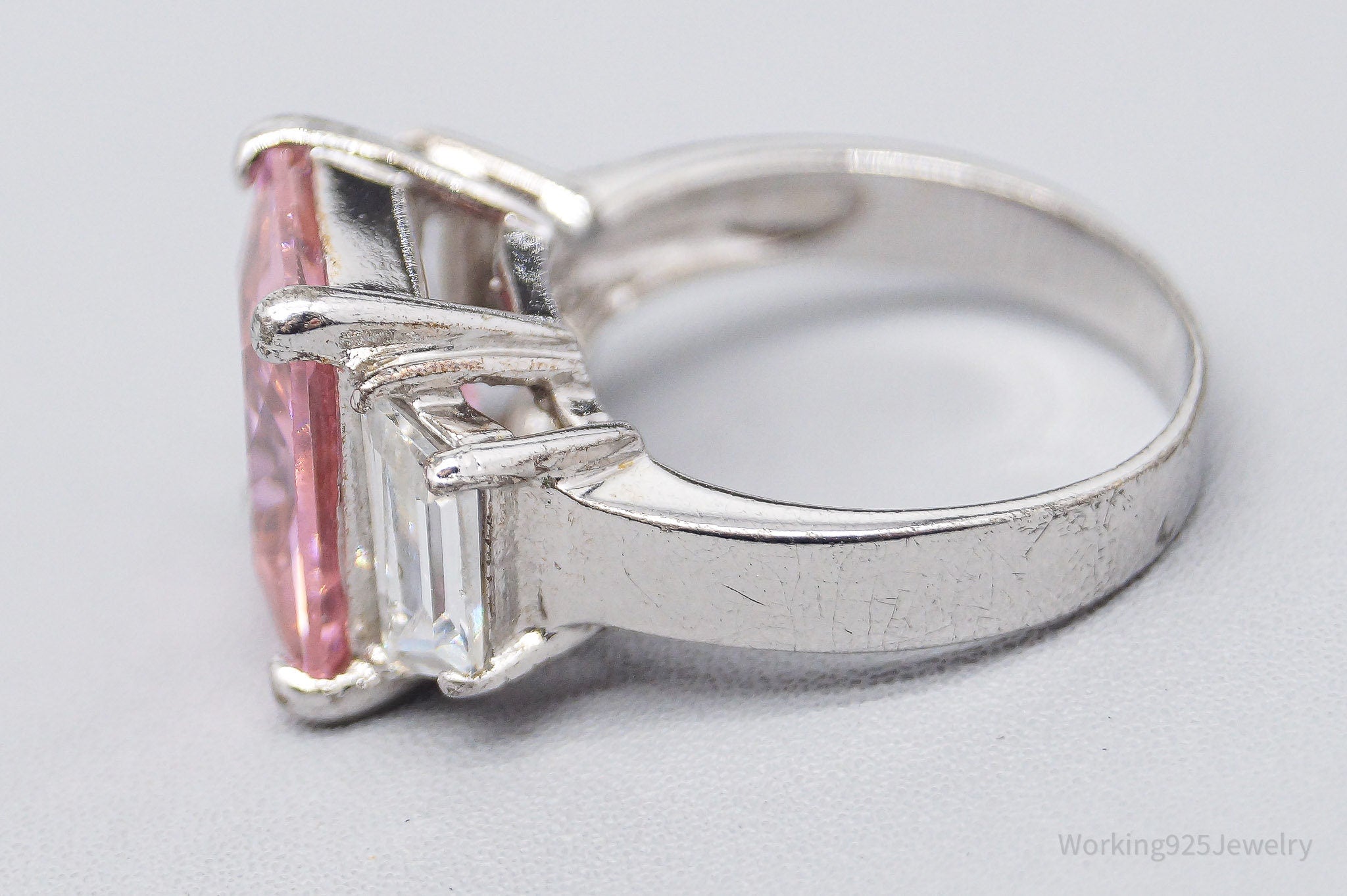 Vintage Large Pink & White Cubic Zirconia Rhodium Over Sterling Silver Ring - Size 6