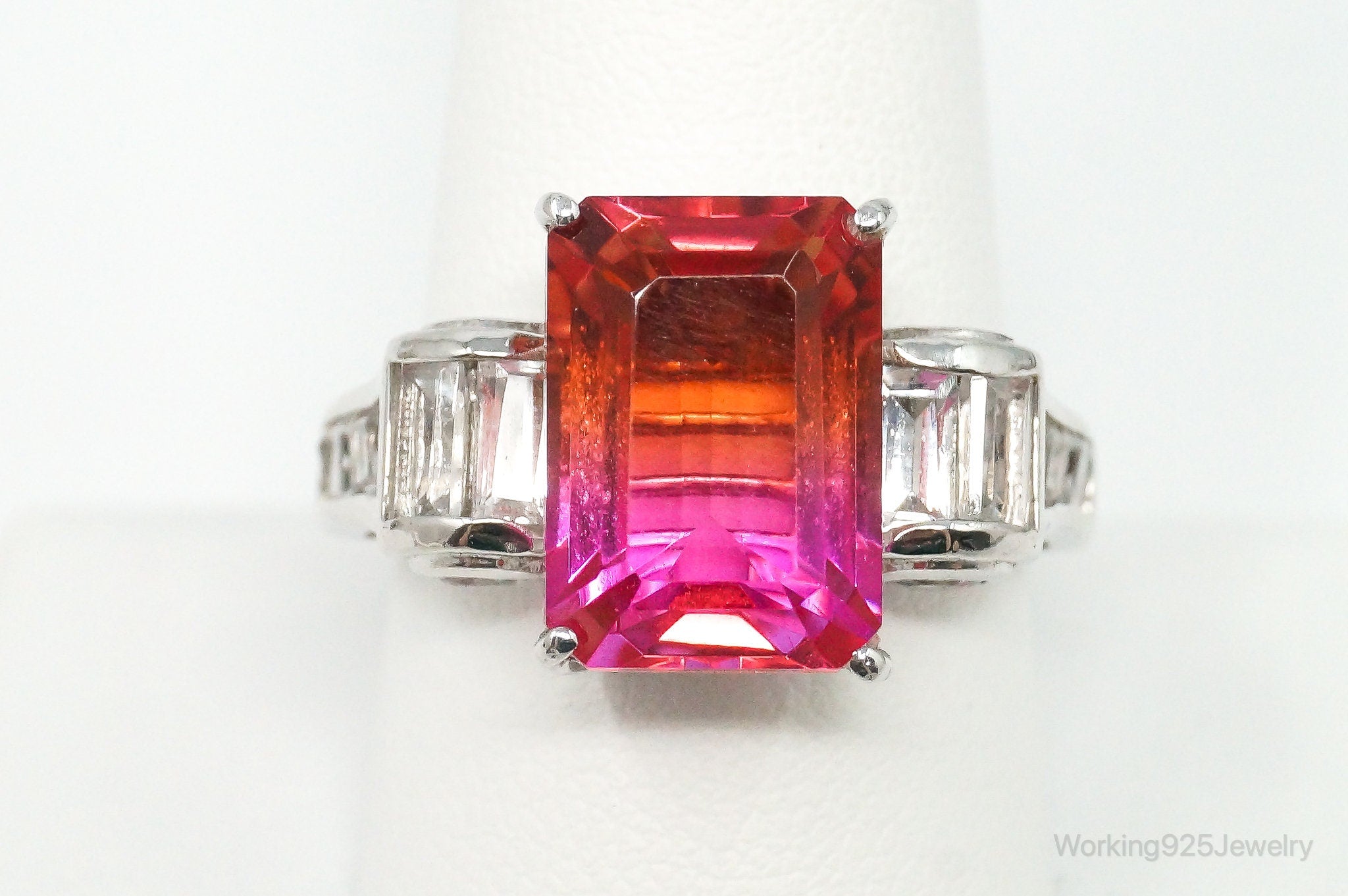 Vintage Large Orange Pink Quartz Cubic Zirconia Sterling Silver Ring Size 10