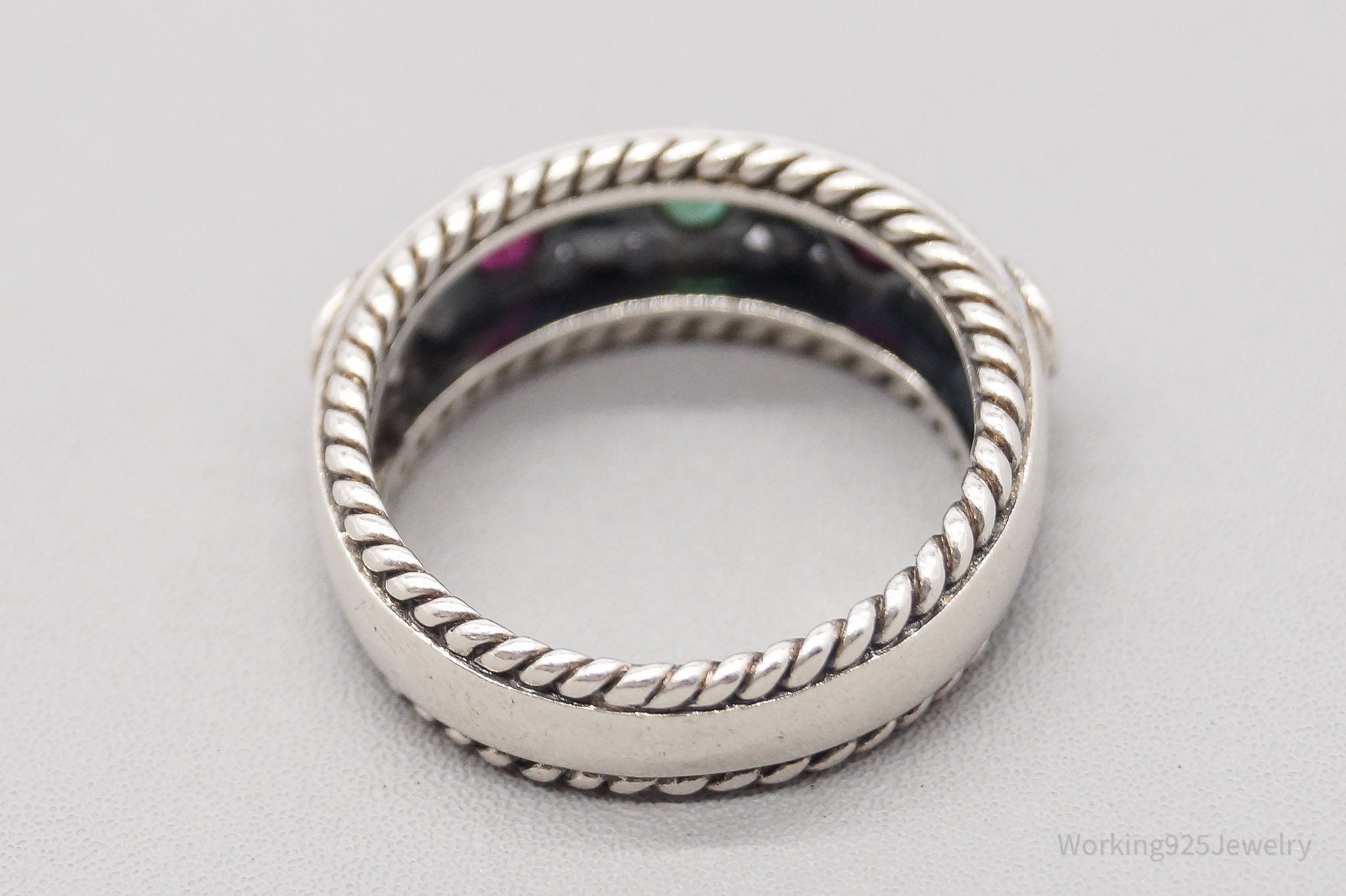 Vintage Ruby Emerald Sapphire Sterling Silver Ring - Size 7.75