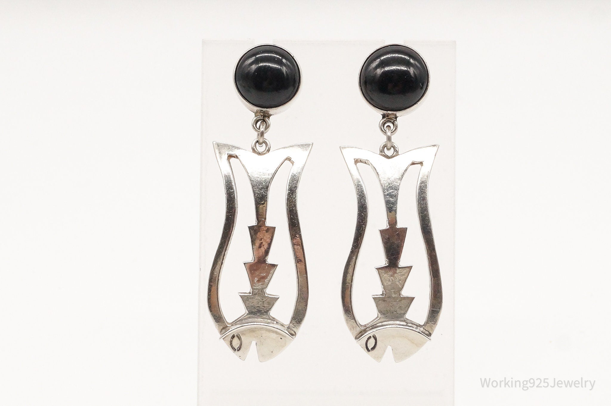 Vintage Mexico Modernist Black Onyx Fish Sterling Silver Earrings