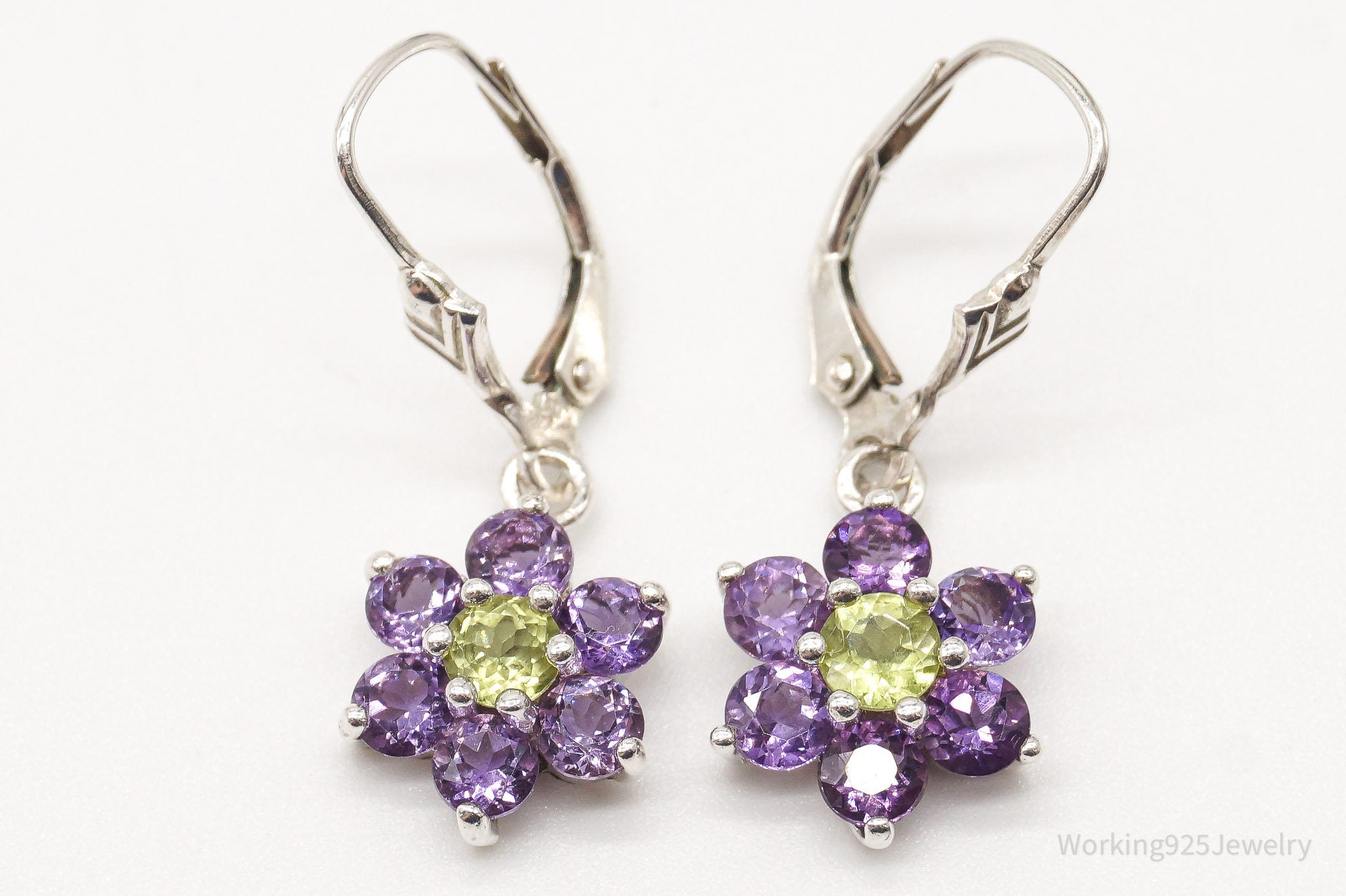 Vintage Peridot Amethyst Flowers Sterling Silver Earrings