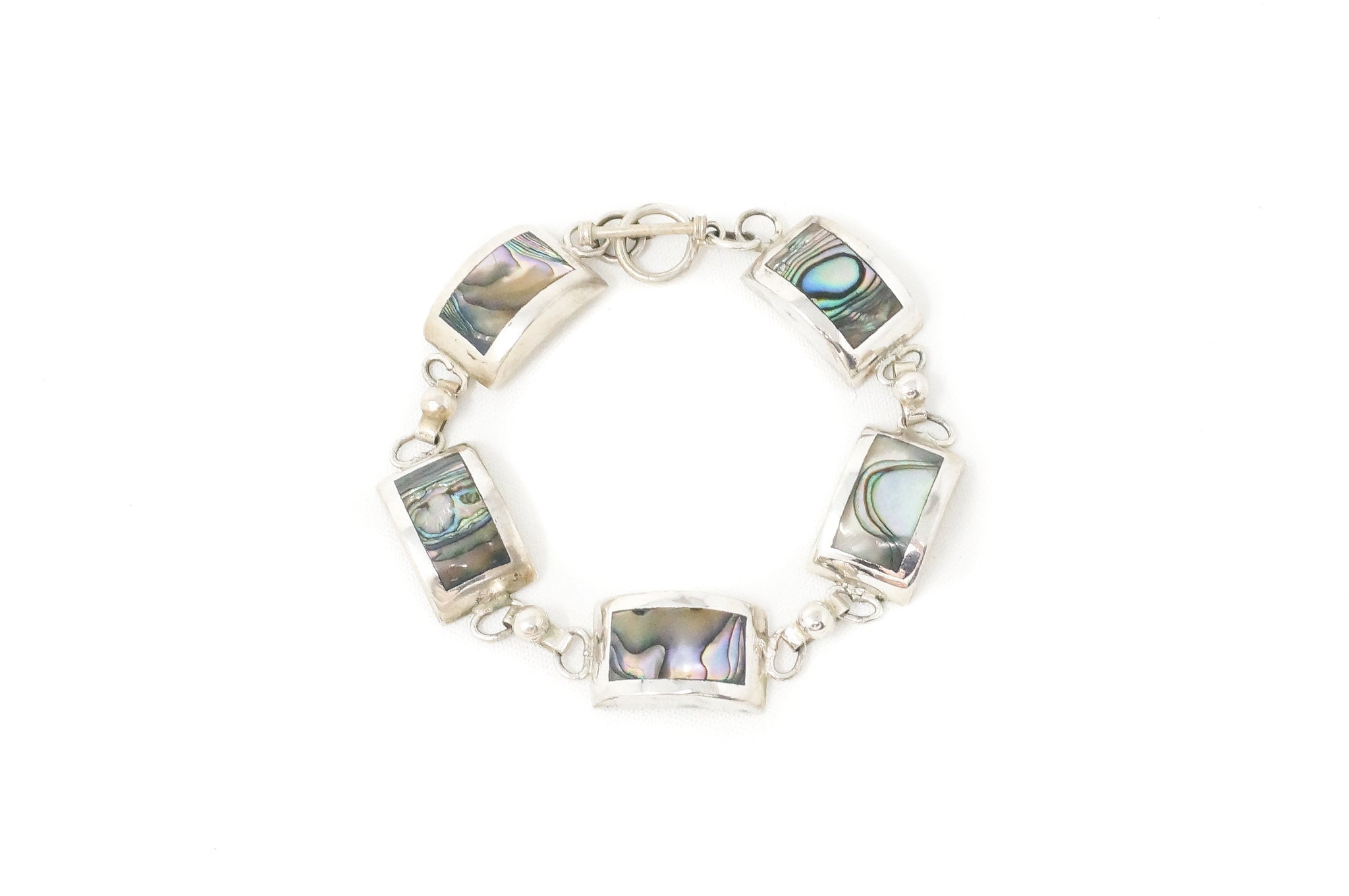 Vintage Mexico Designer Paua Abalone Shell Southwestern Sterling Silver Bracelet